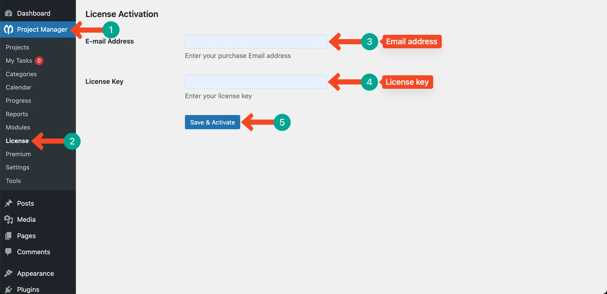 Add license key to WP Project Manager