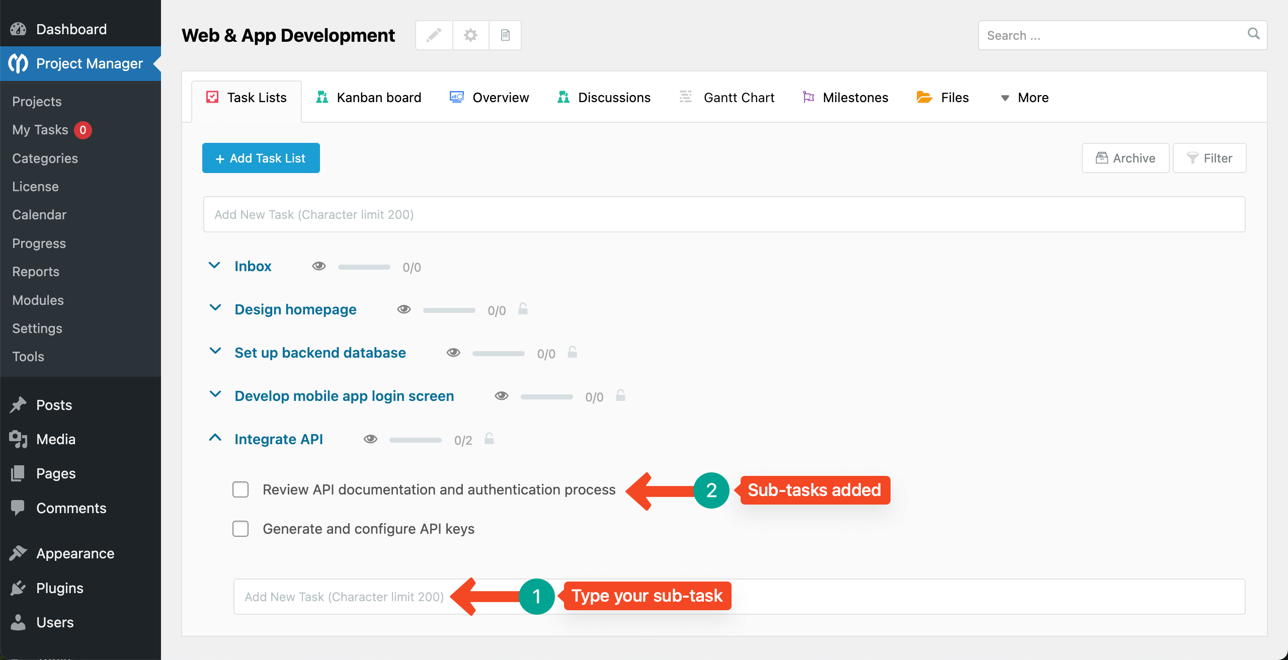 Add sub tasks to the task list
