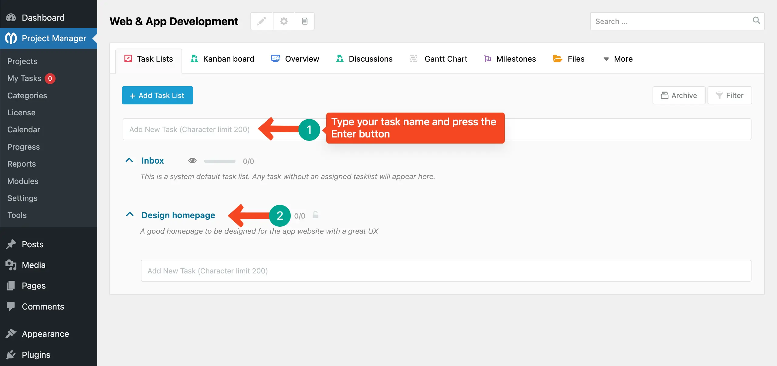 Add tasks to the project manager