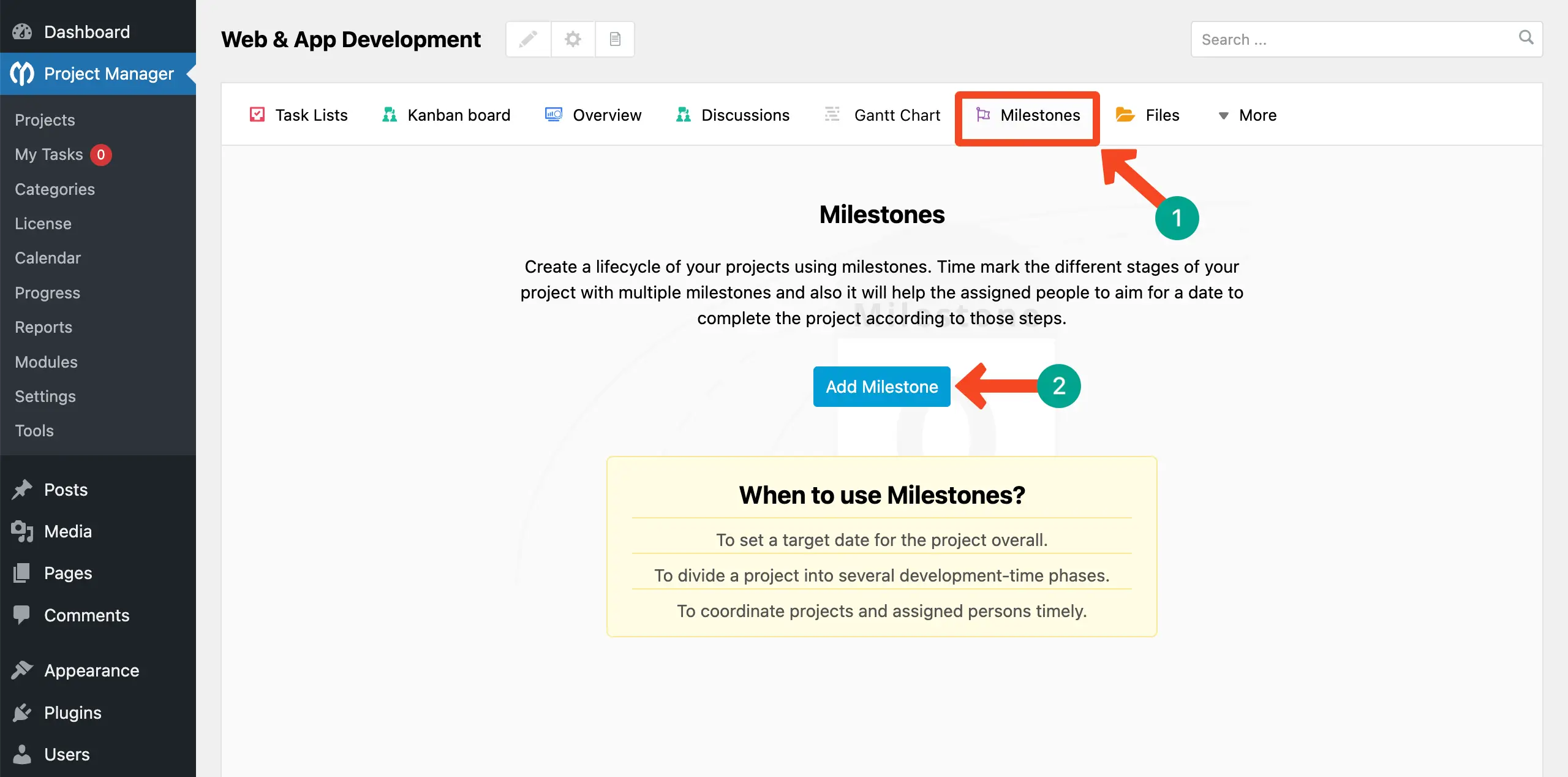Go to Milestones on WP Project Manager