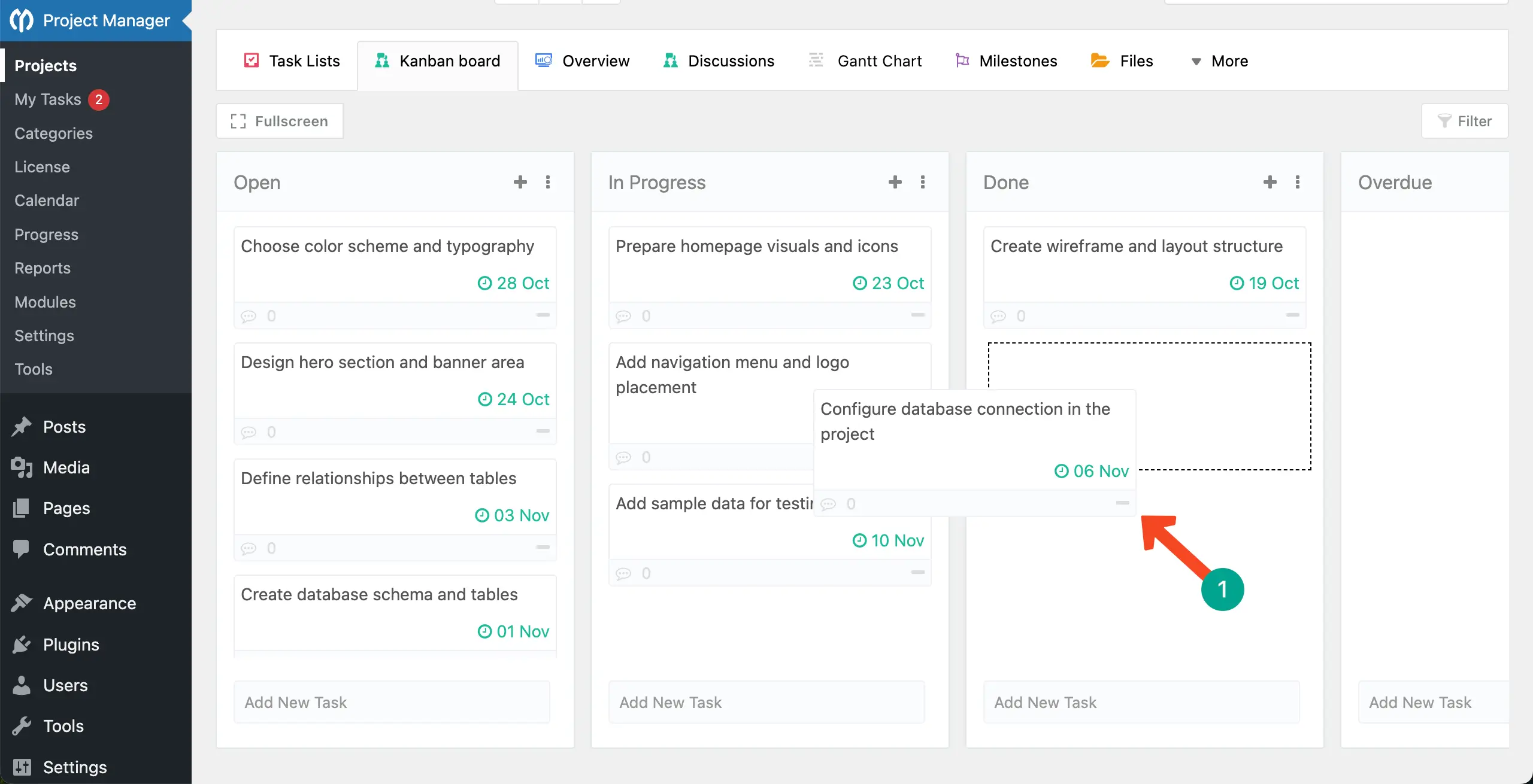 Move tasks from the Kanban Board