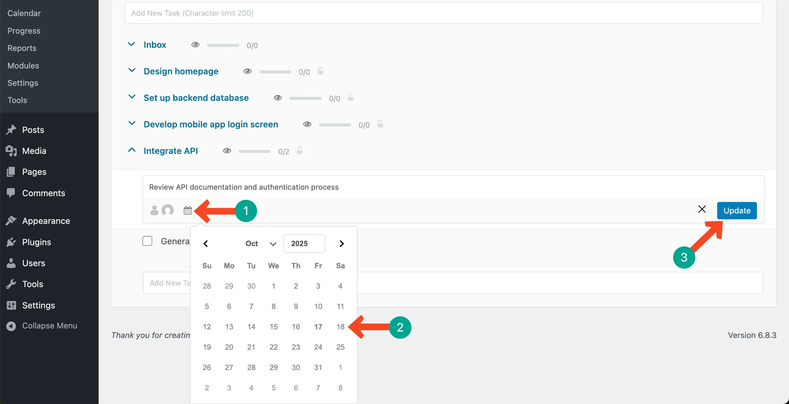 Select a deadline for a sub-task