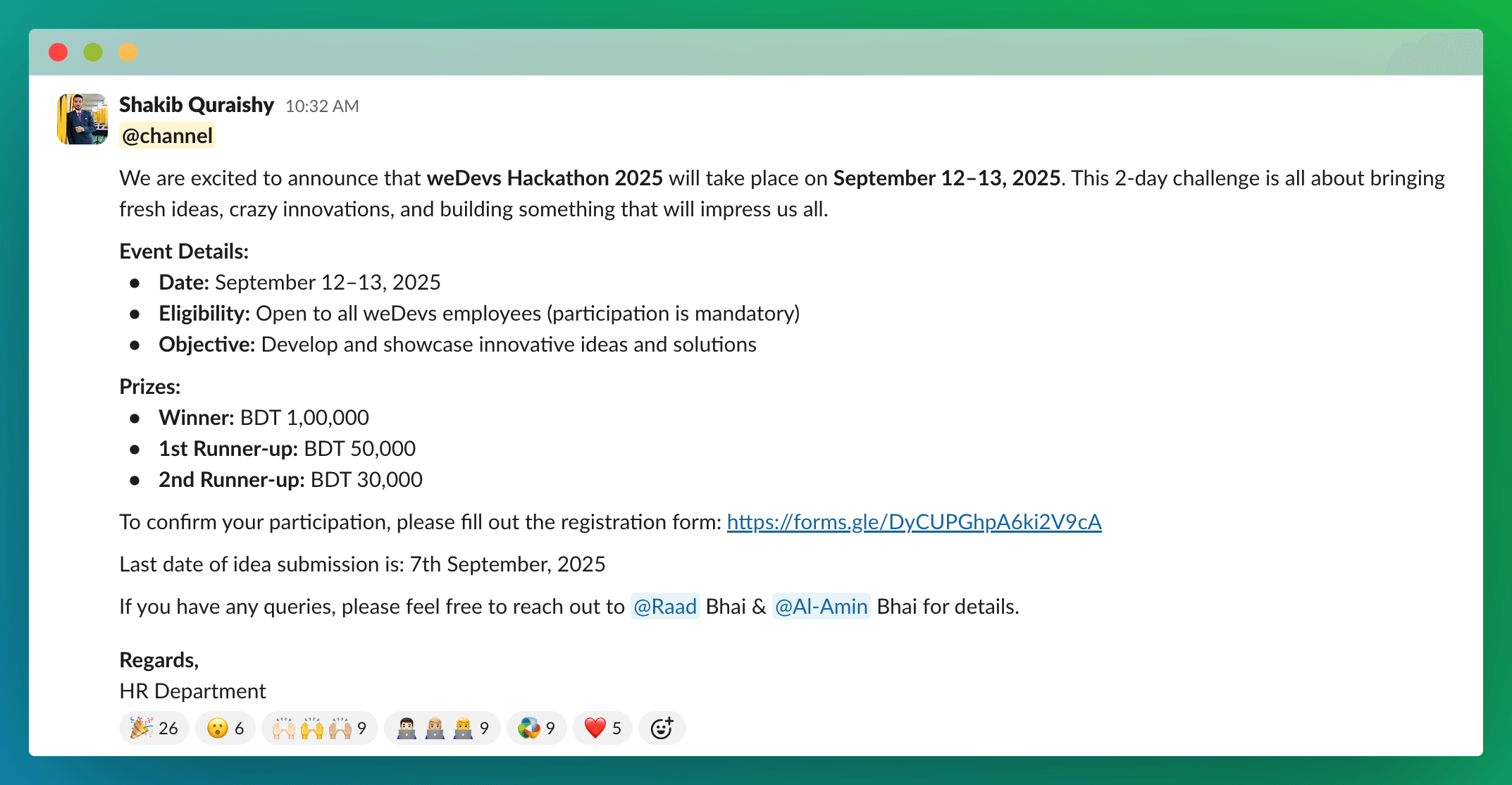 Slack announcement of the weDevs Hackathon 1.0