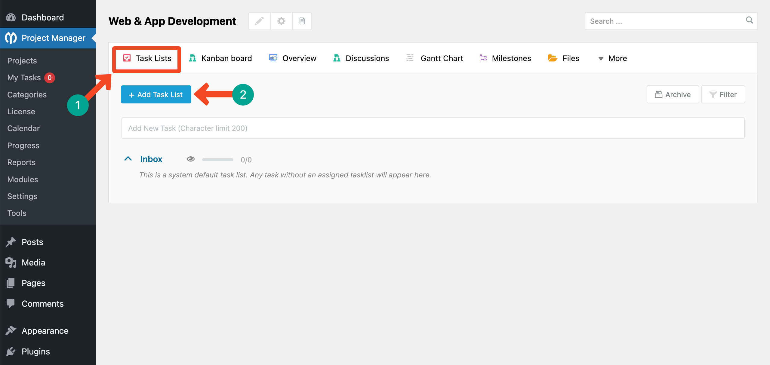 WP Project Manager's task list