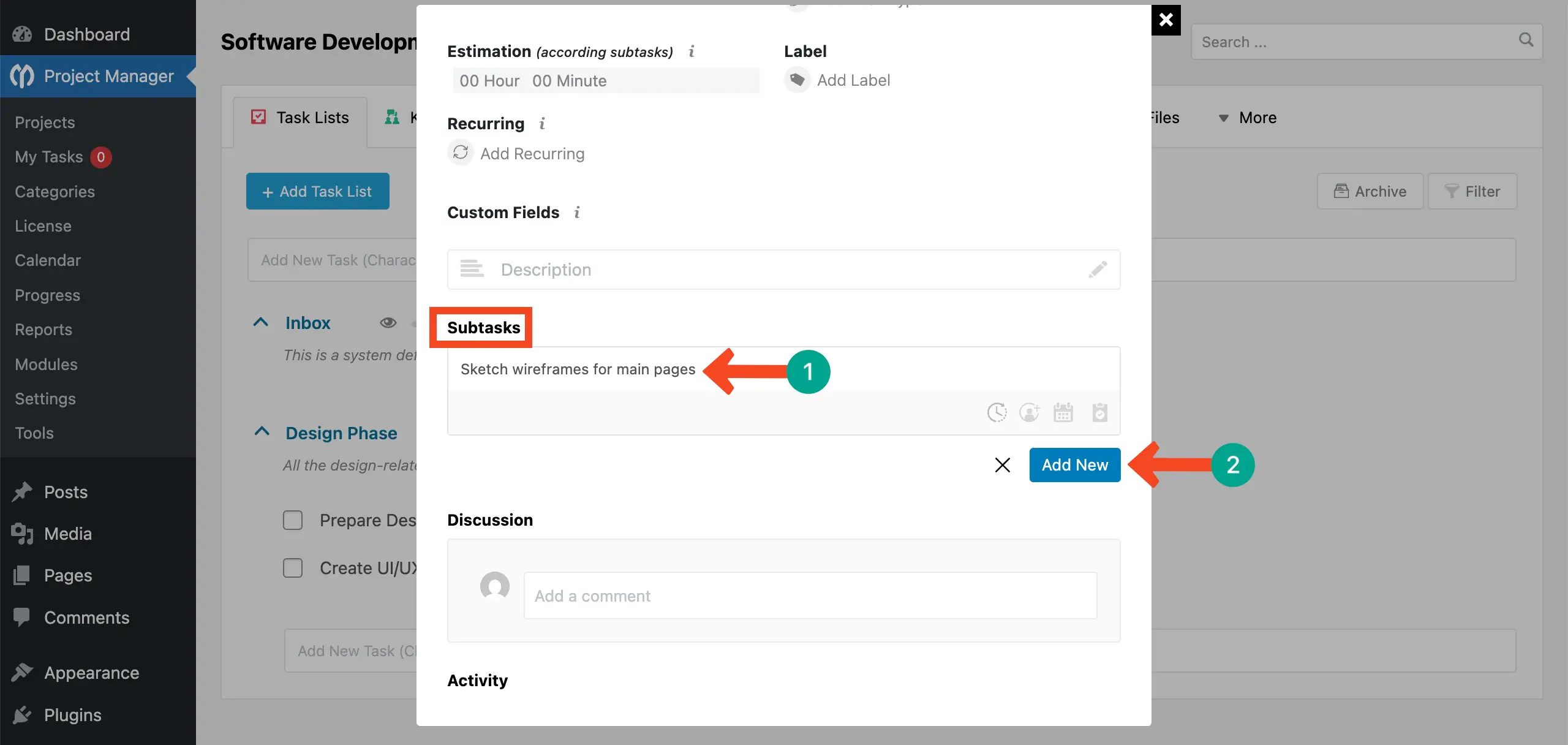 Add subtasks using WP Project Manager