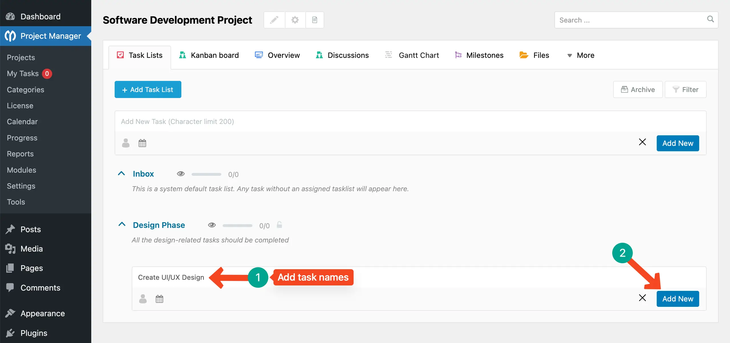 Adding tasks to the task group with WP Project Manager