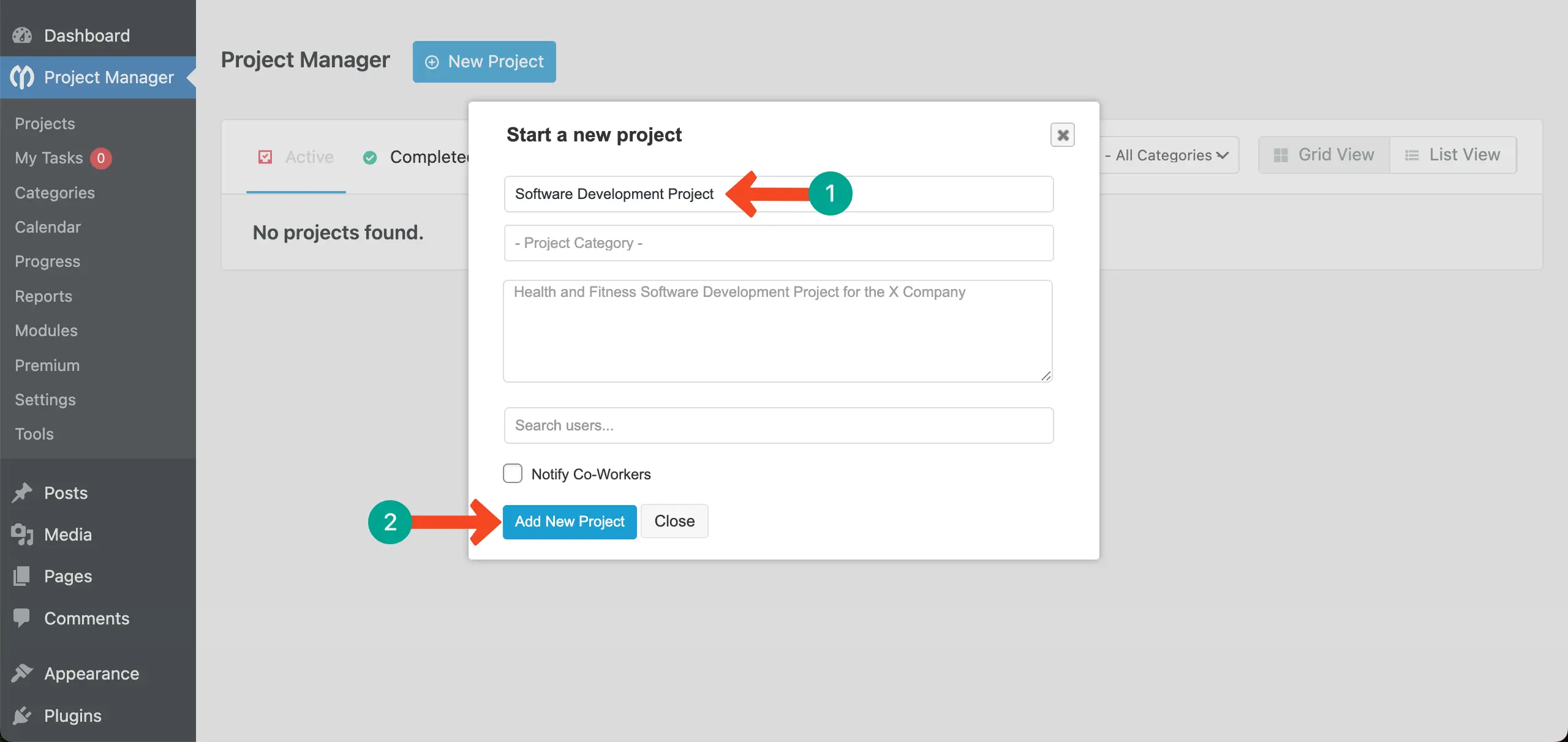 Start a new project with WP Project Manager