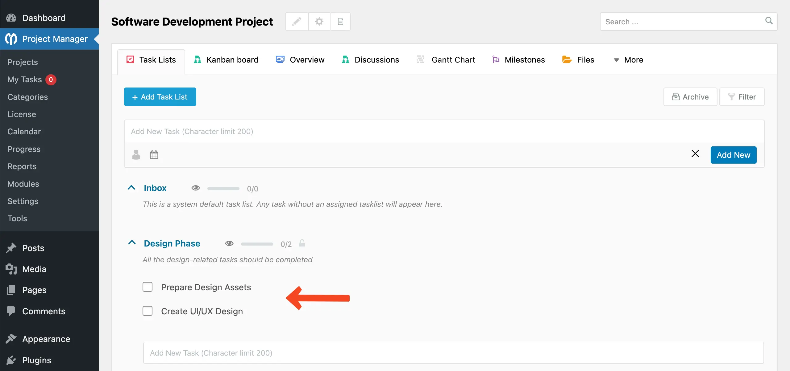 Tasks added to the task group with WP Project Manager