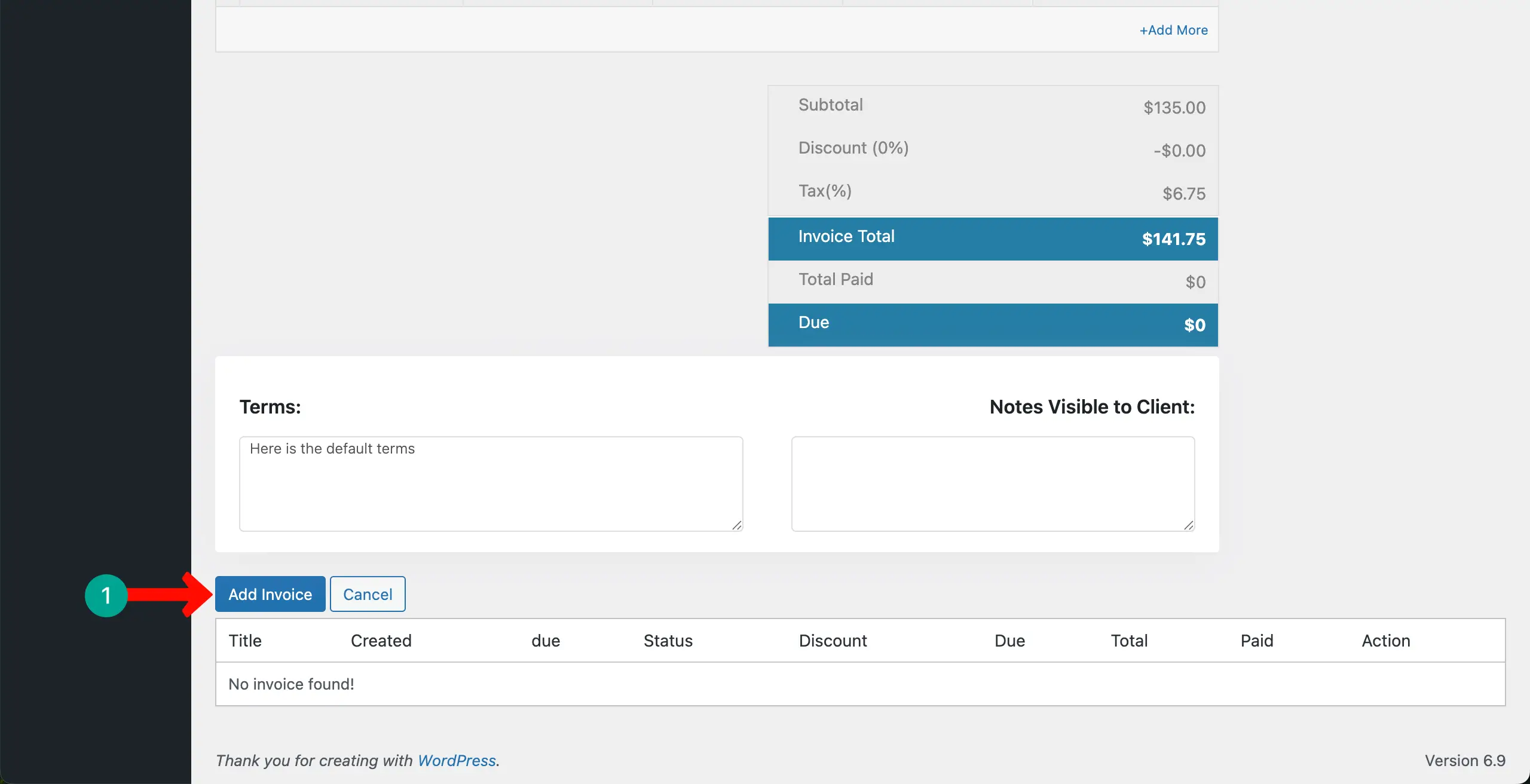 Add terms and notes to the project invoice