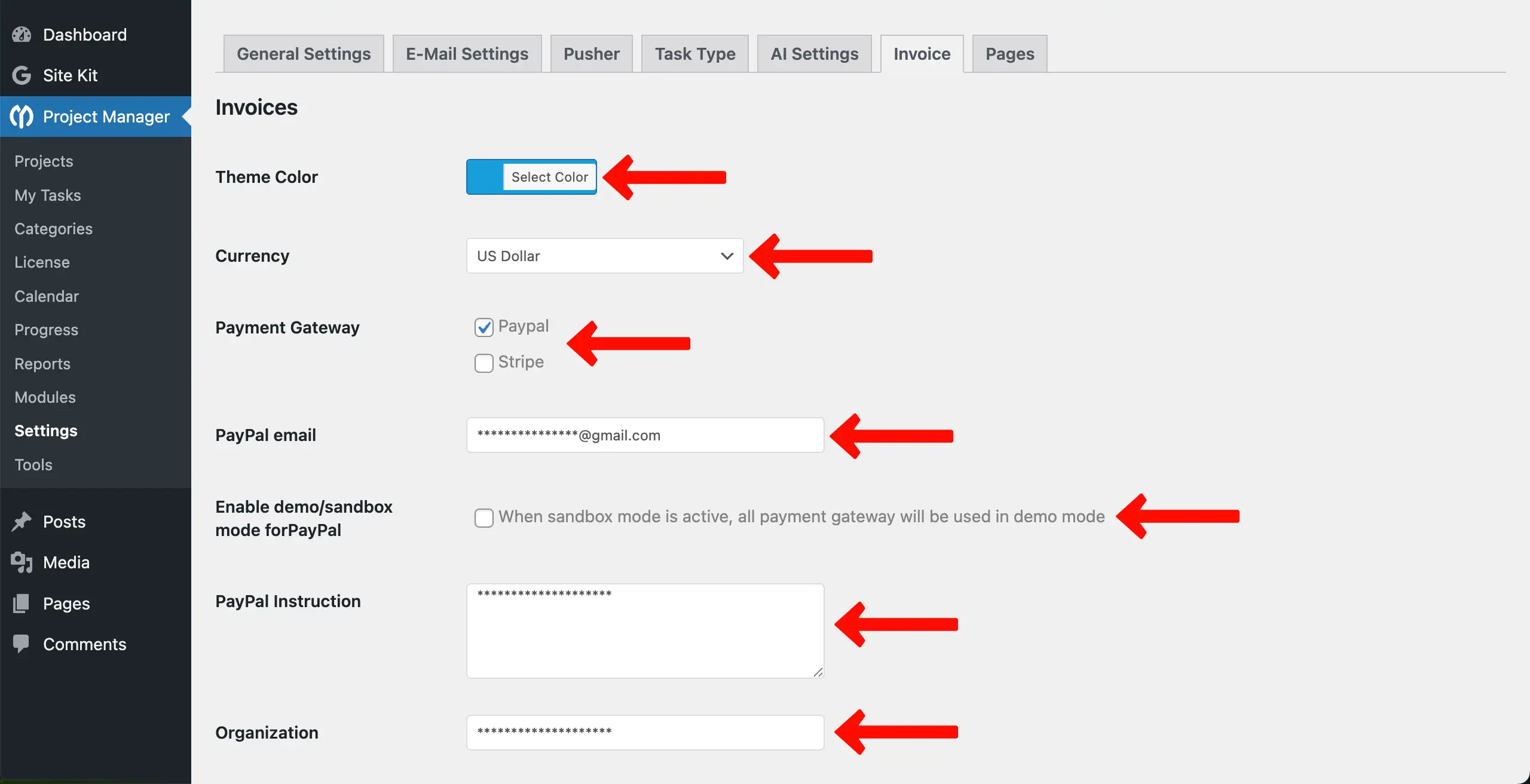 Configure all the necessary settings of Project Manager Invoice