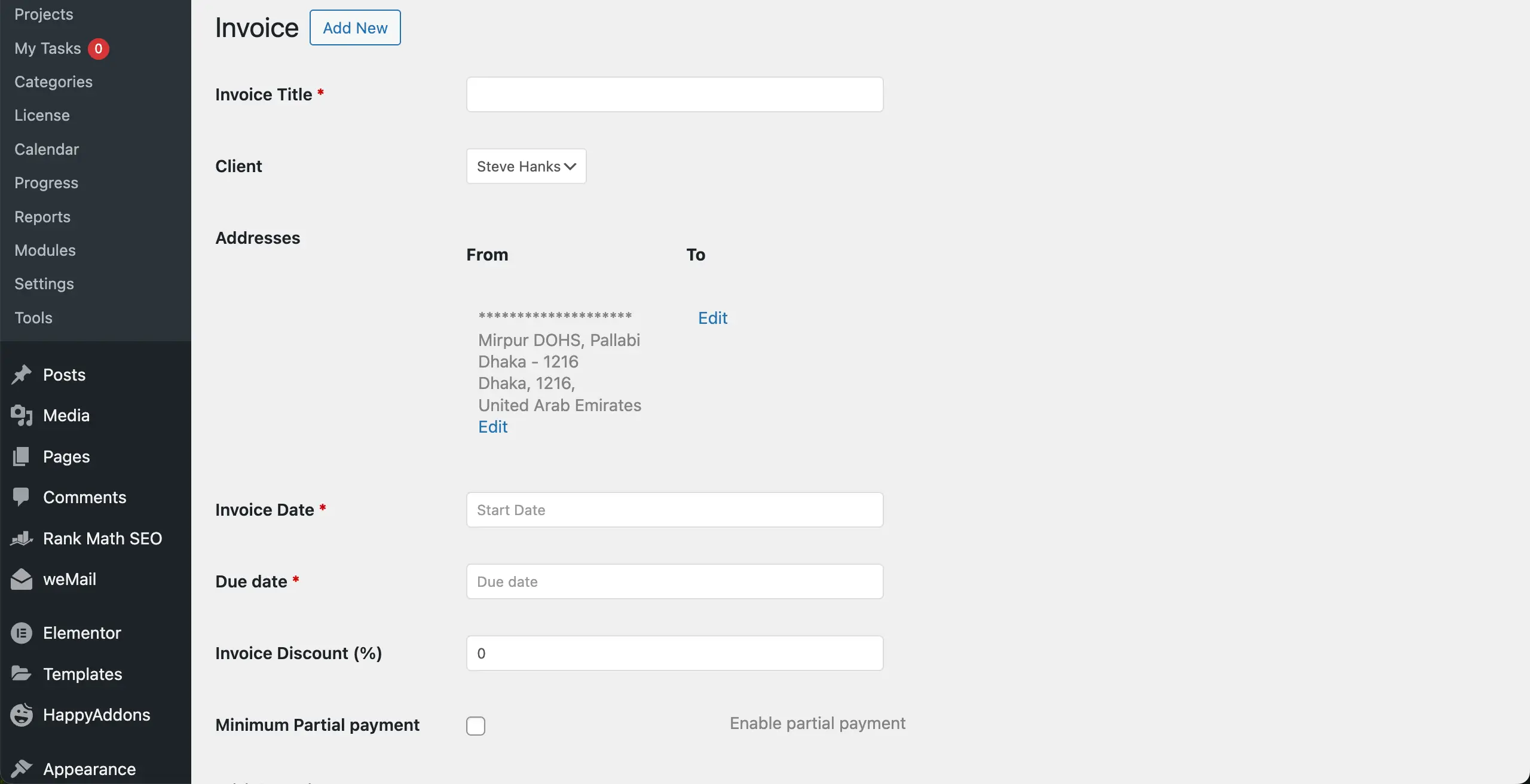 Fill up invoice information with WP Project Manager