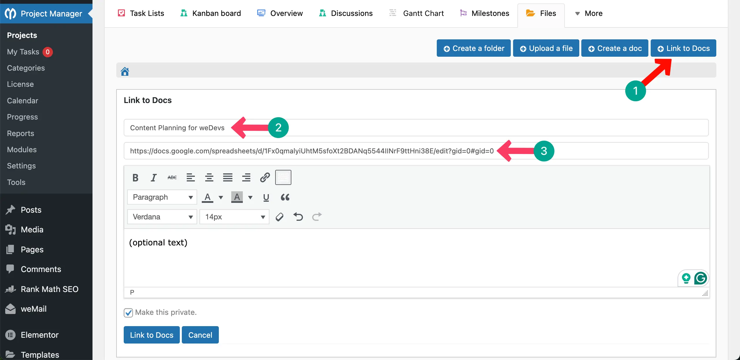 Google Docs Linking with WP Project Manager