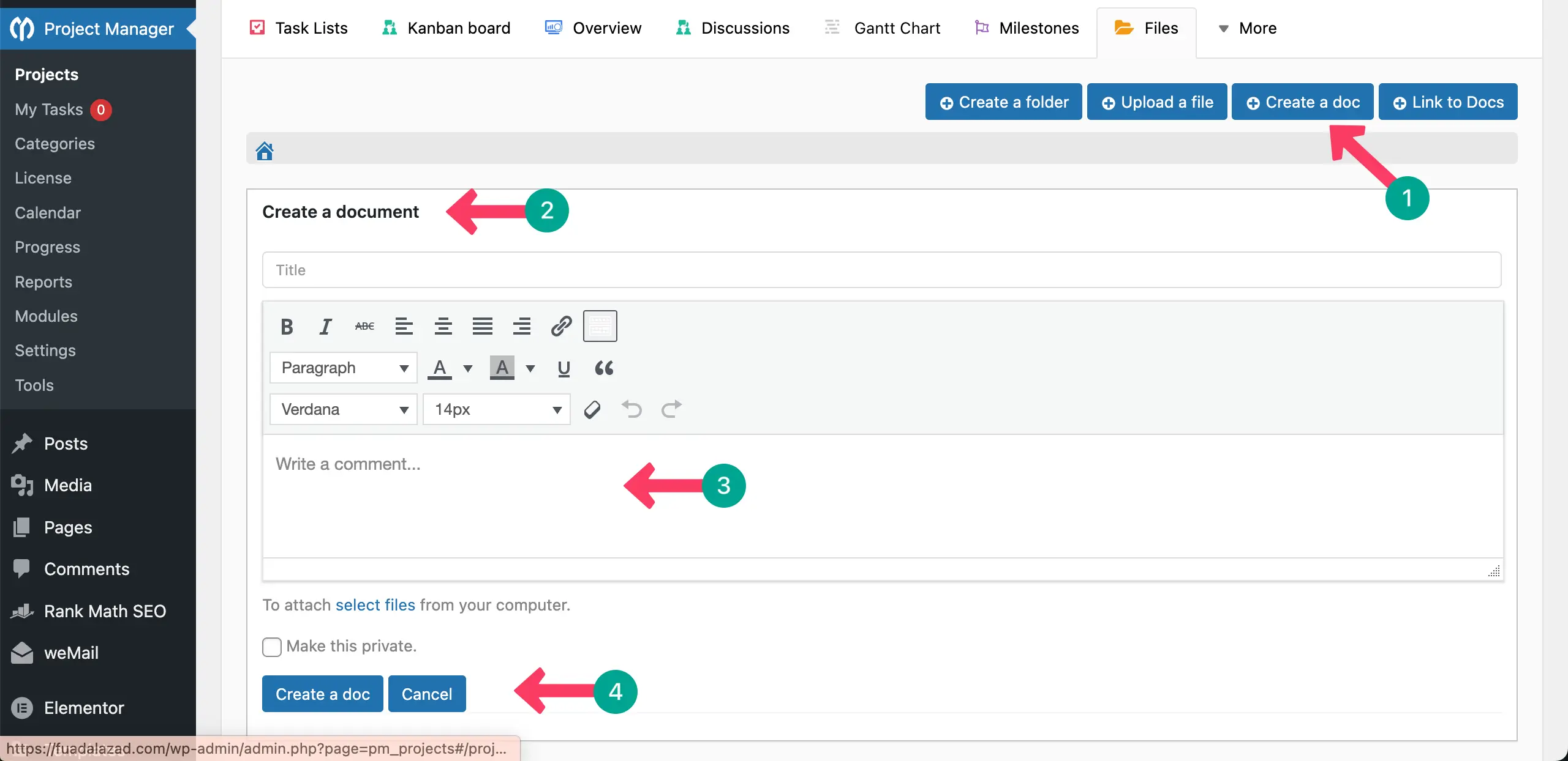 Internal Document Creation with WP Project Manager