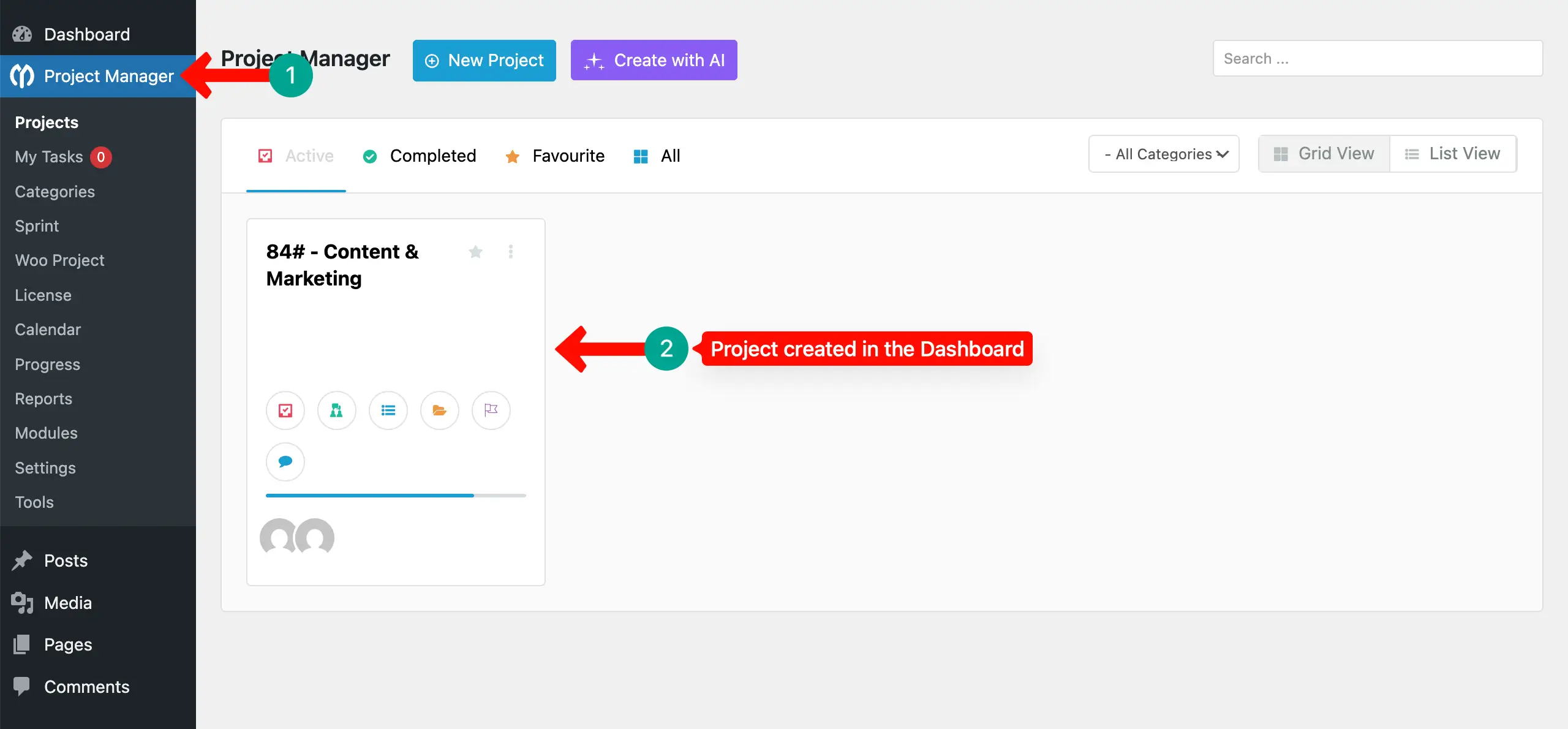 Project has been created in the Project Manager's dashboard