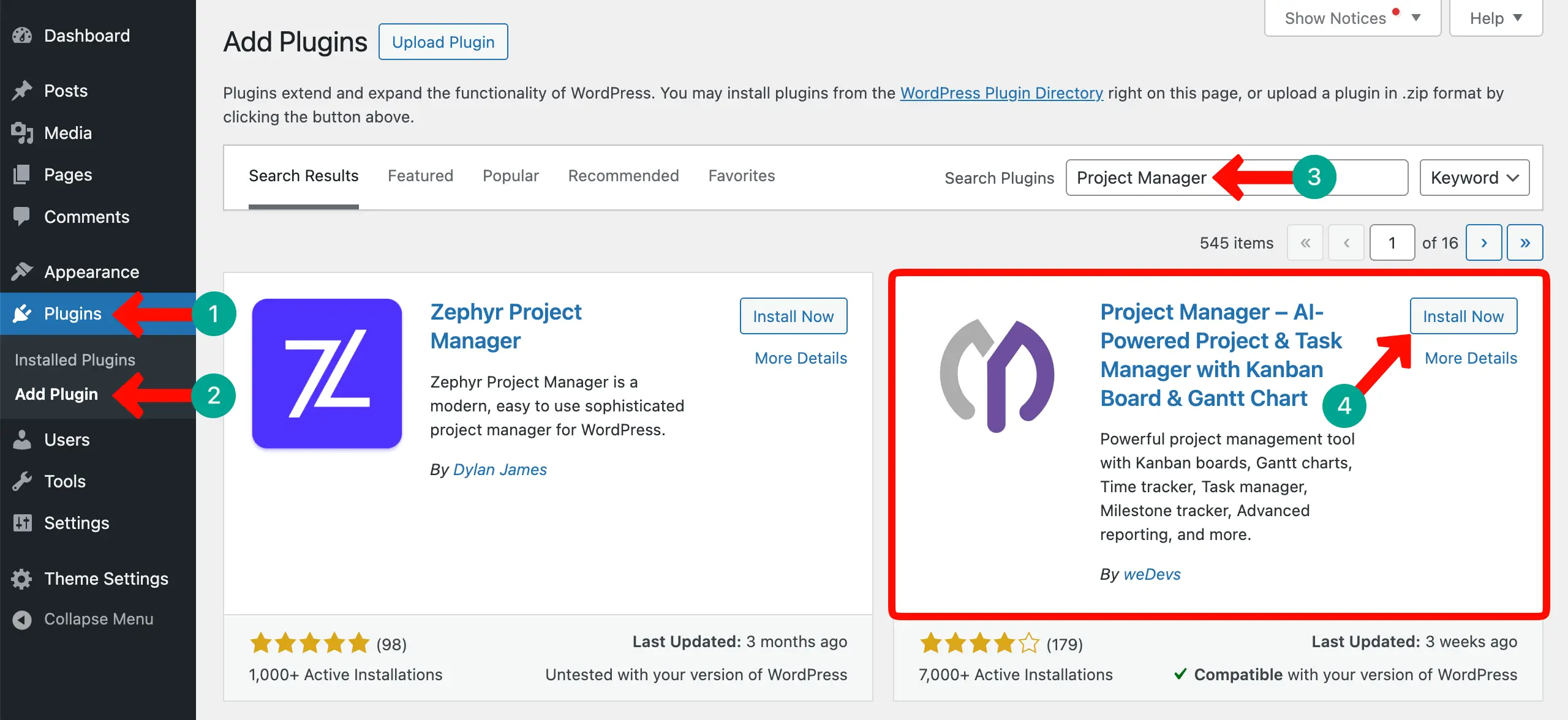 Install the WP Project Manager Plugin