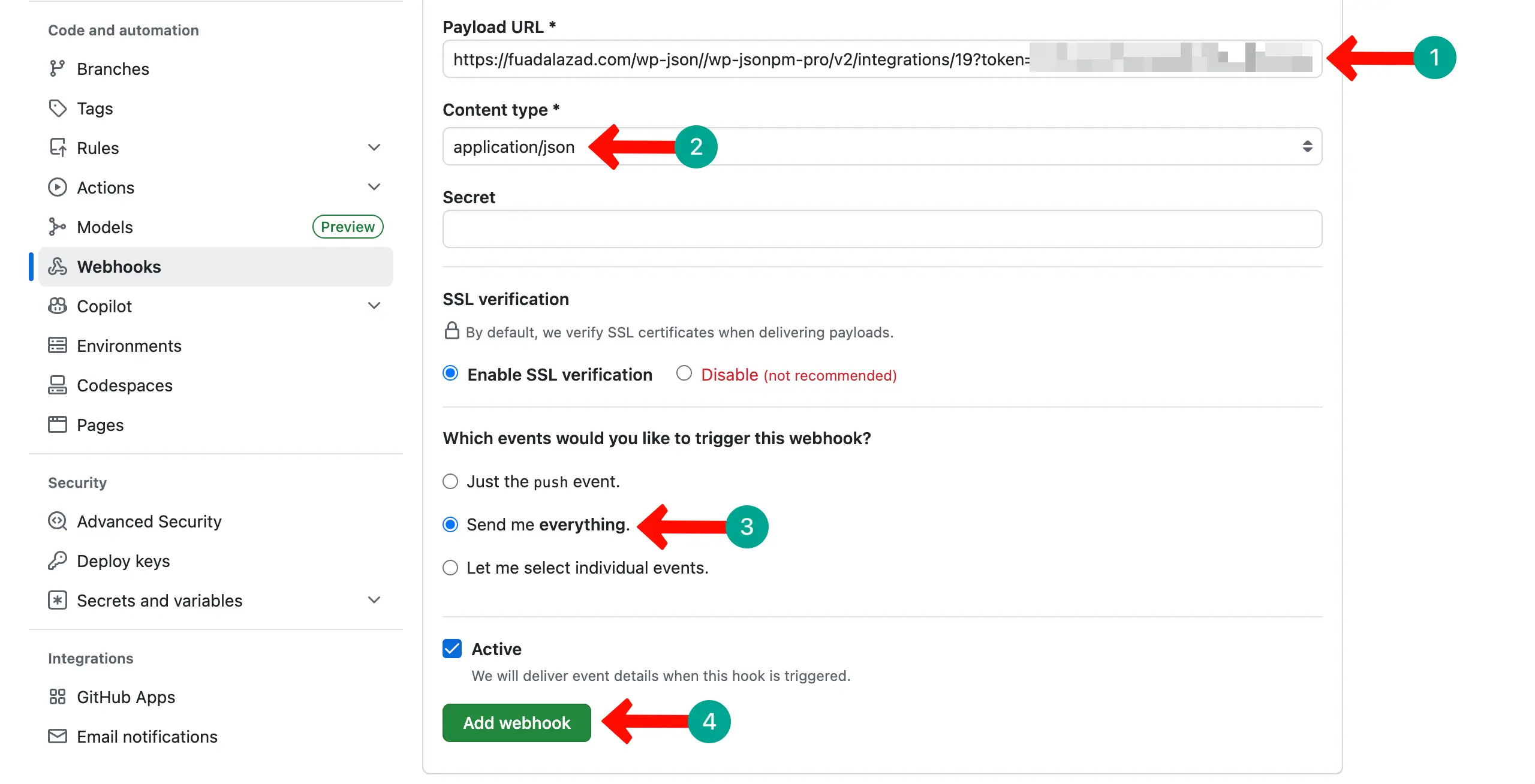 Add credentials for the webhook