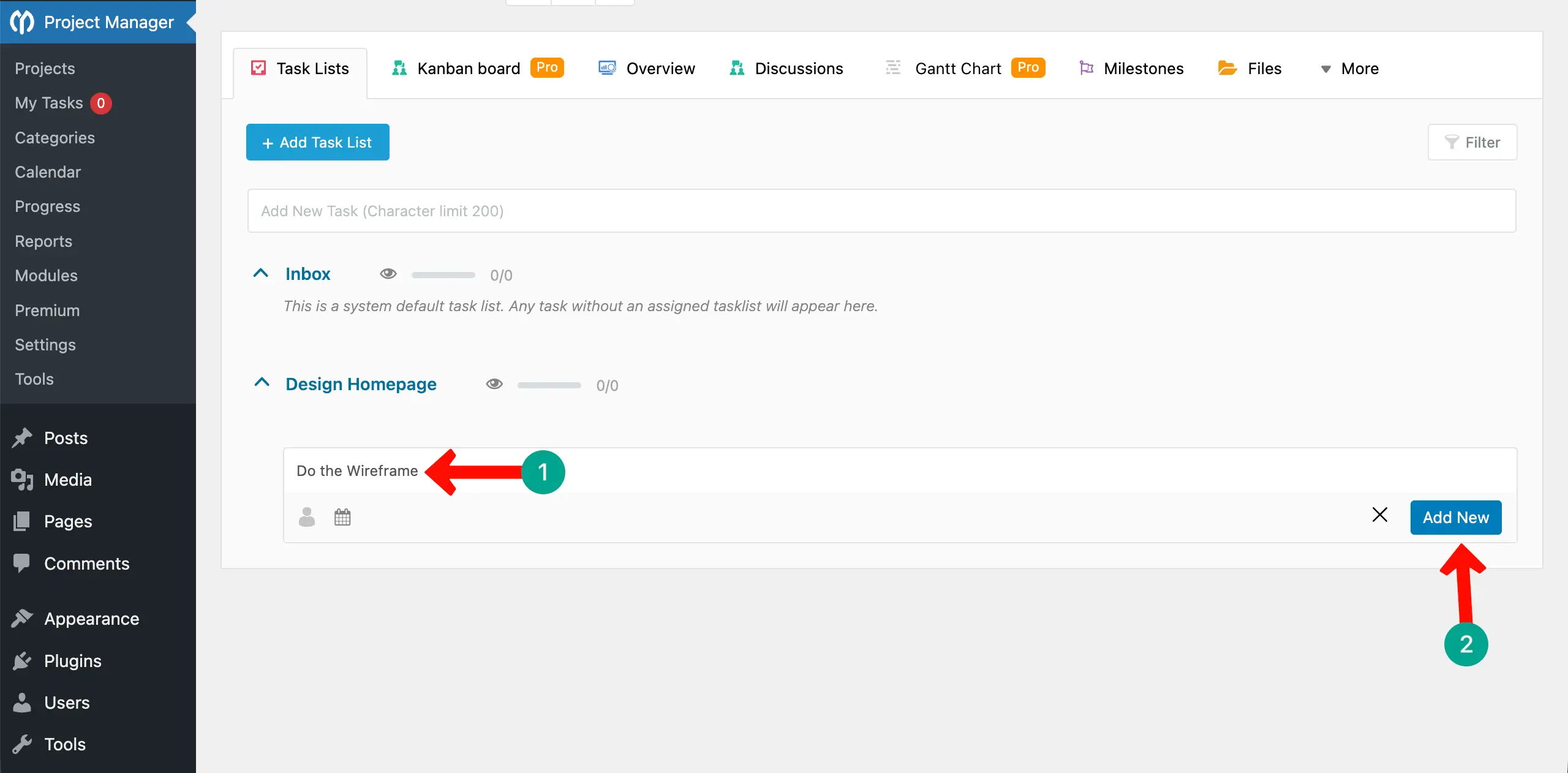 Add tasks to the project manager