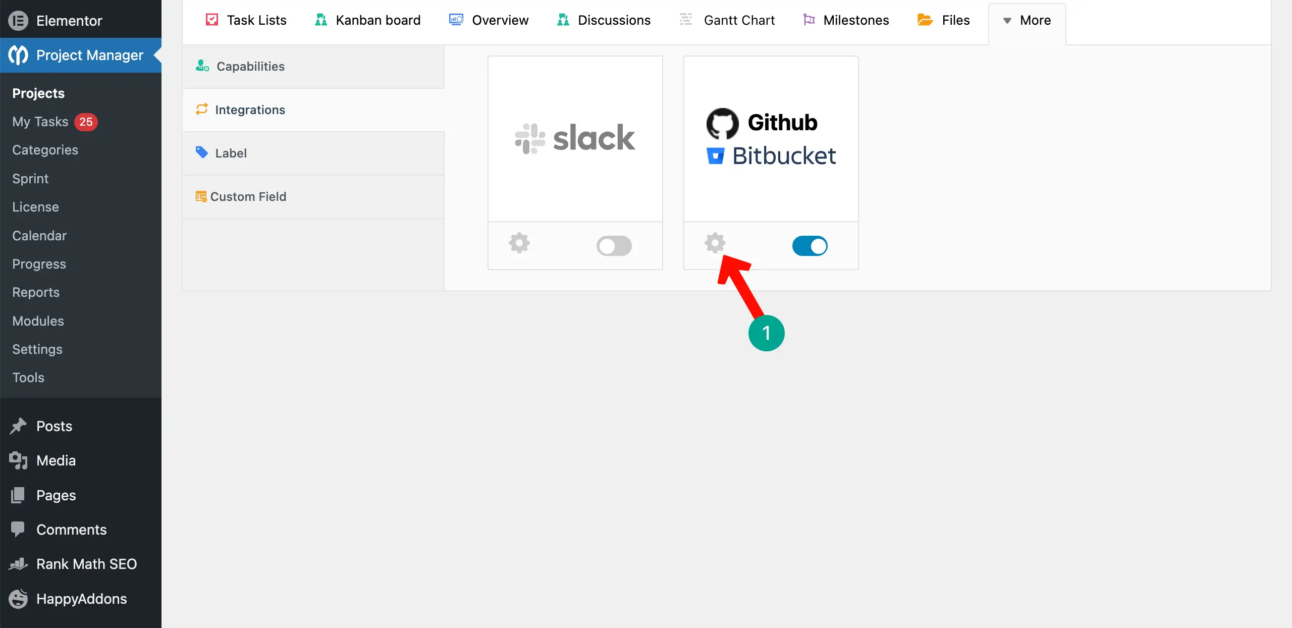 GitHub Bitbucket settings on WP Project Manager