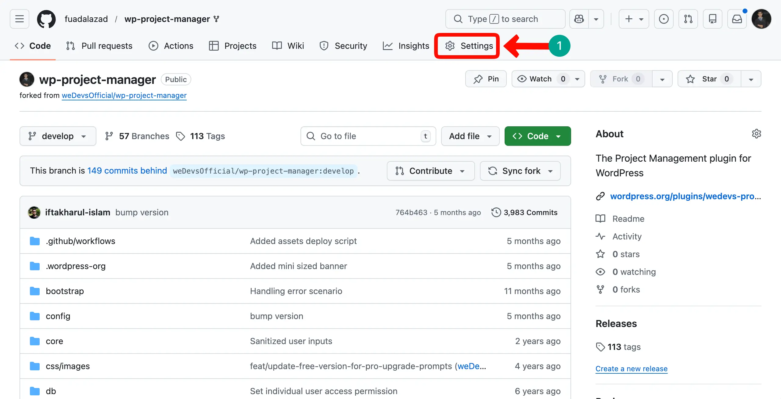 Settings of the GitHub repository