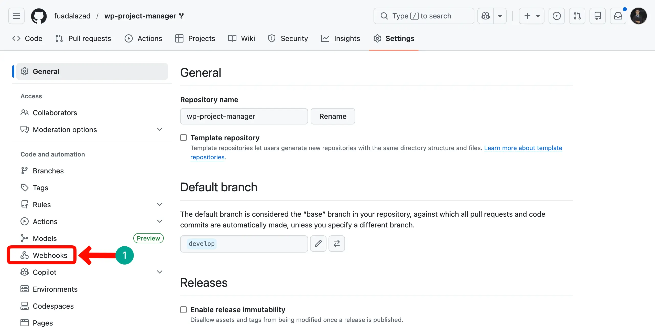 Webhook option of the GitHub repository