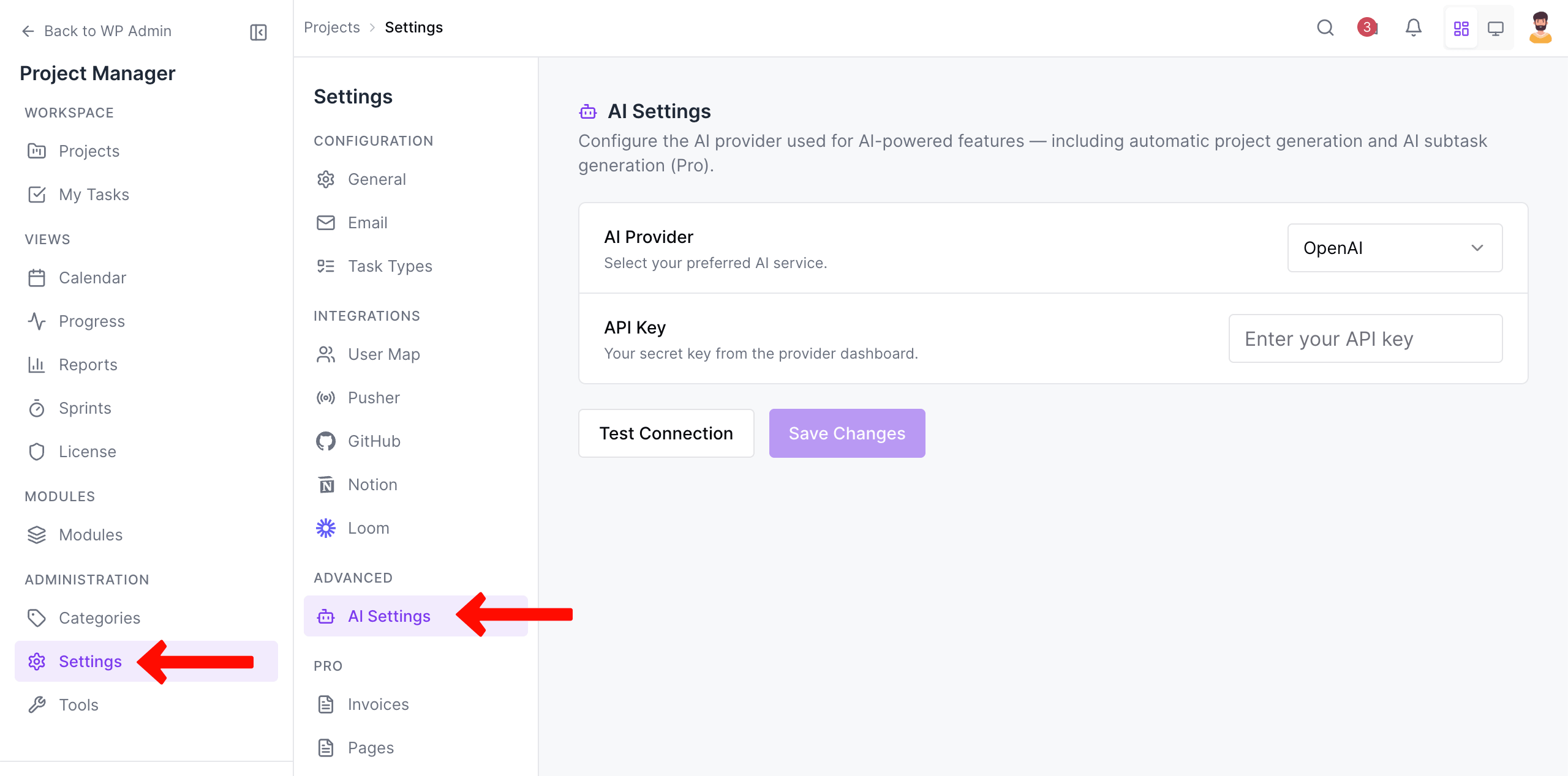 AI Settings of WP Project Manager