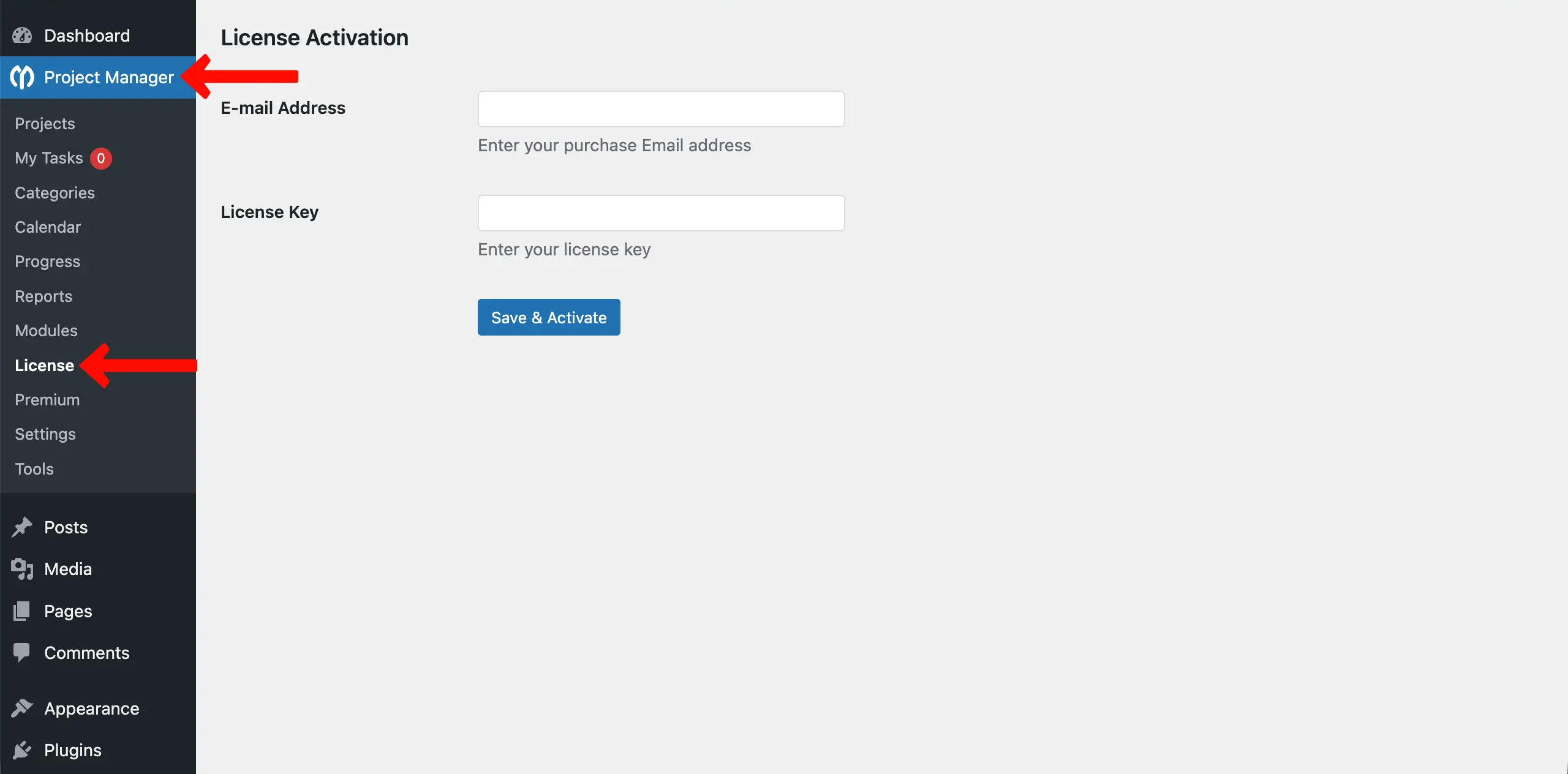 Activate the license of WP Project Manager Pro