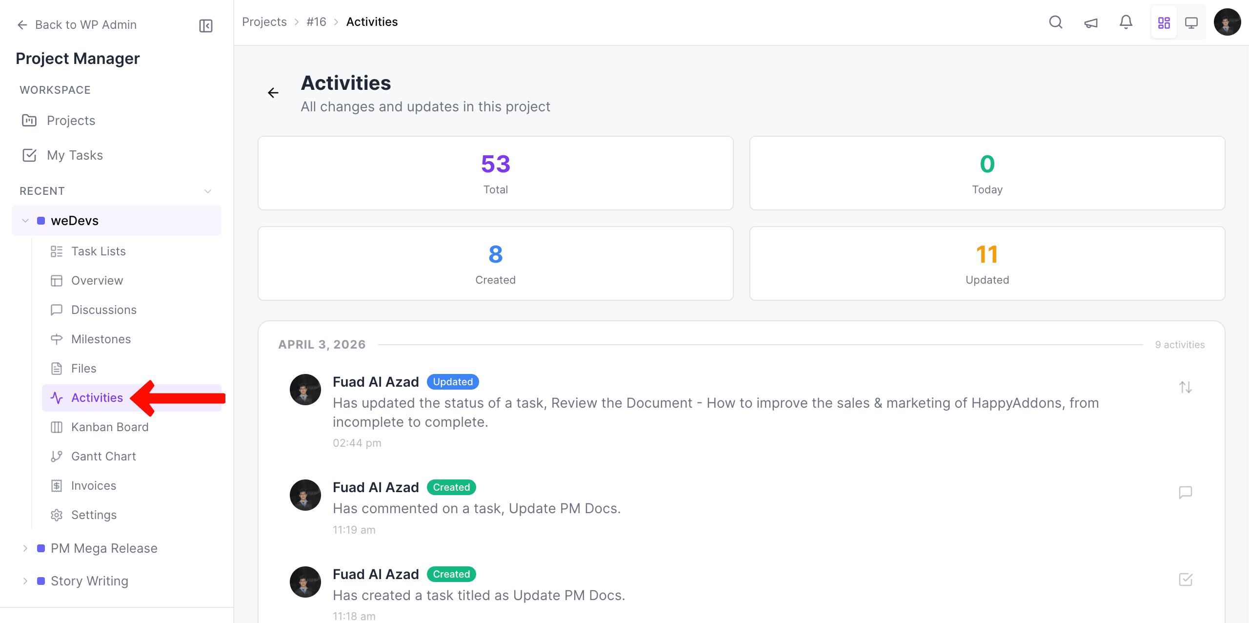 Activity list in WP Project Manager