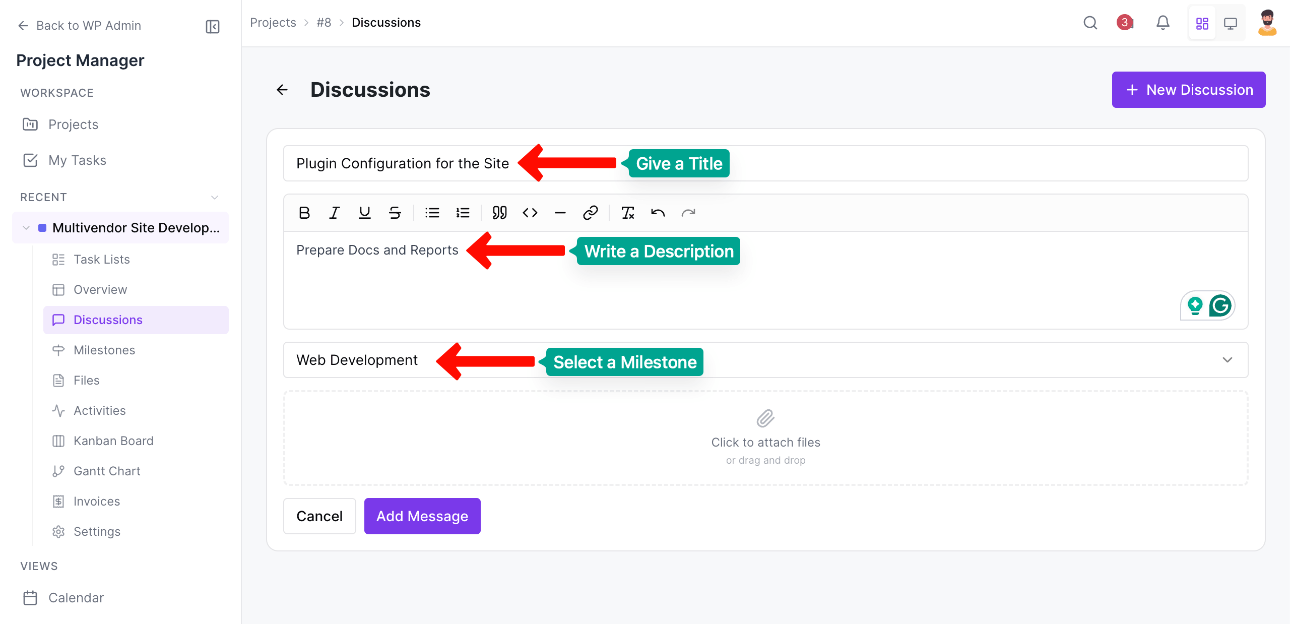 Add a new discussion in WP Project Manager