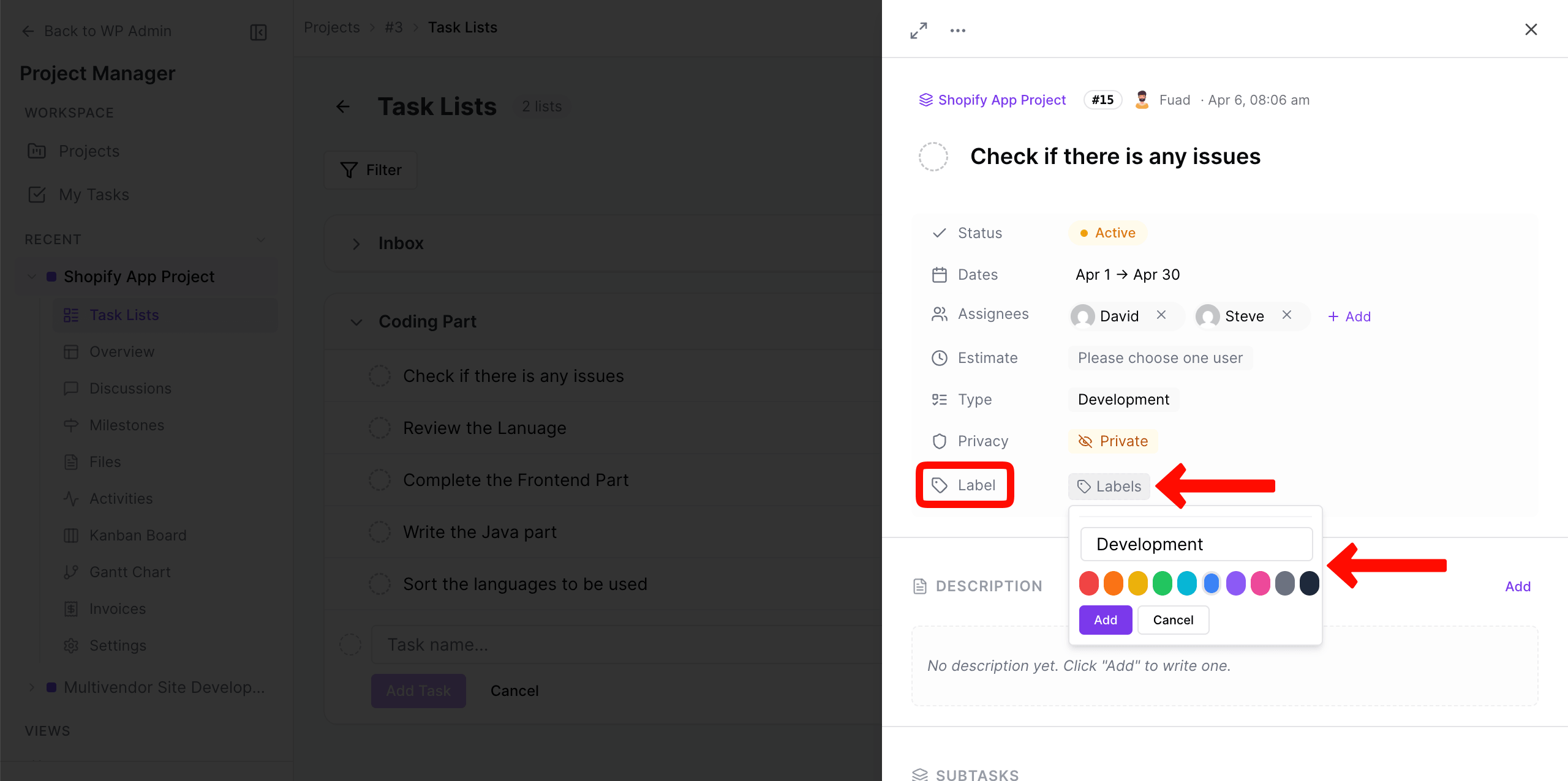 Add a table to the task