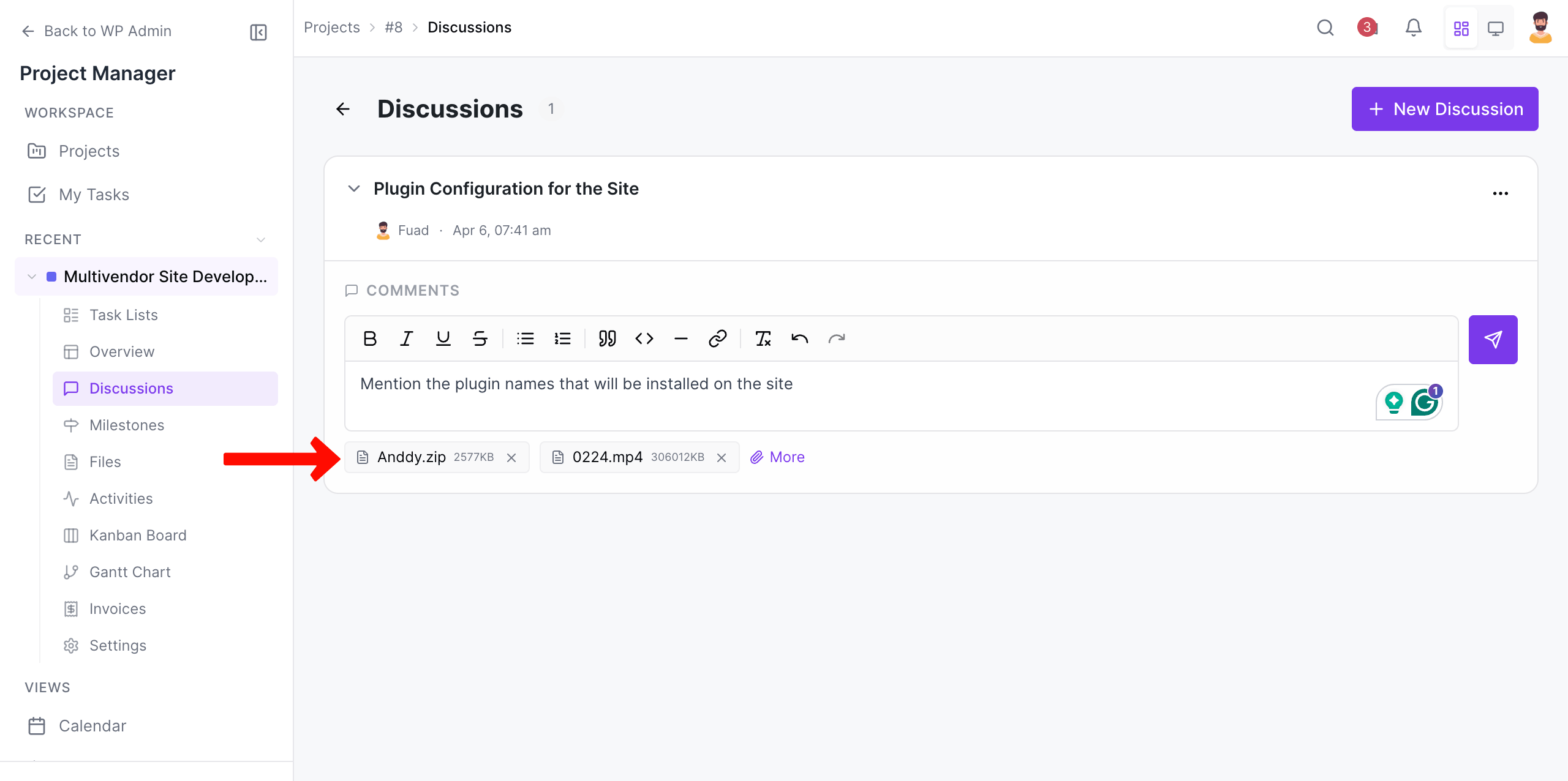 Add files to the discussion comment of Project Manager