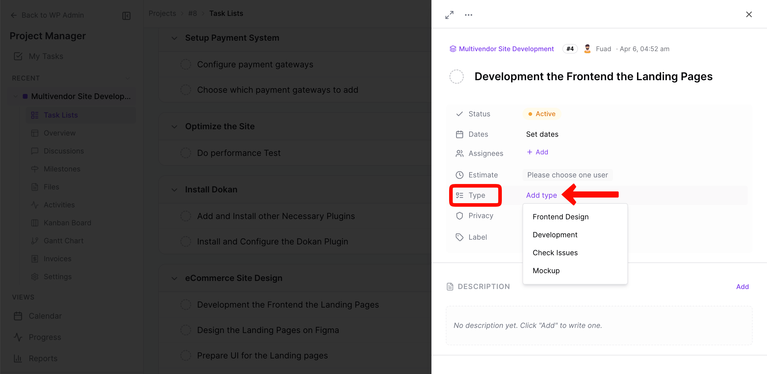 Add task type to the project task
