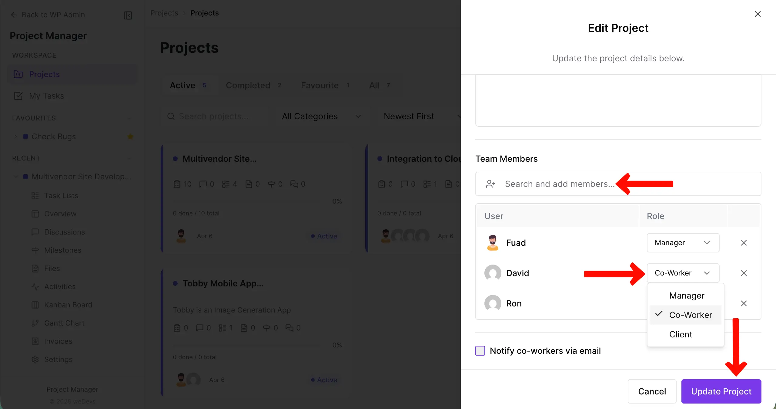 Assign a role to a team member for the project