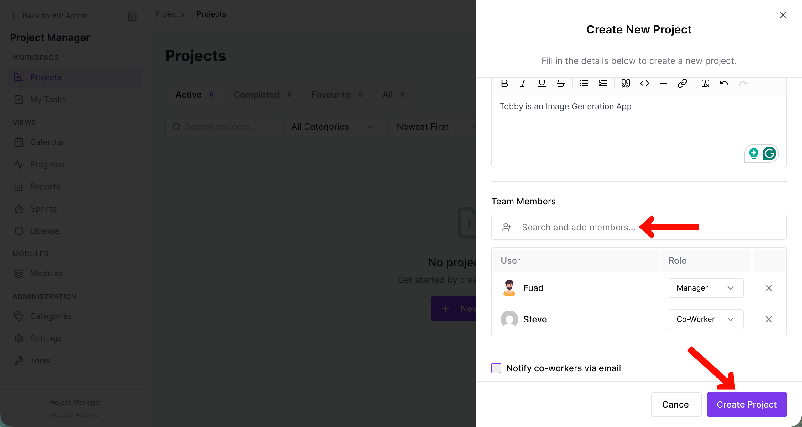Add team members to the project