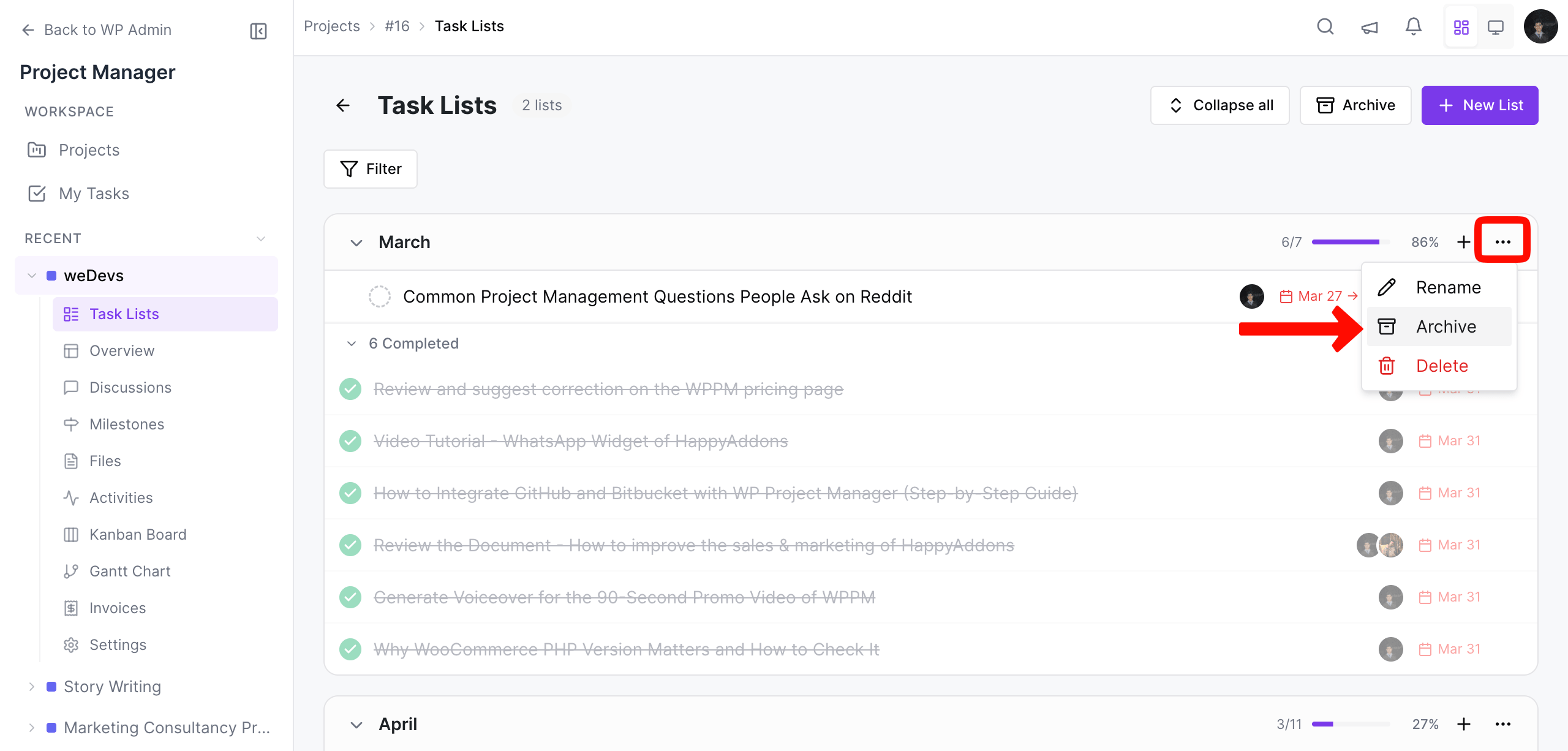 Archive task list option in WP Project Manager