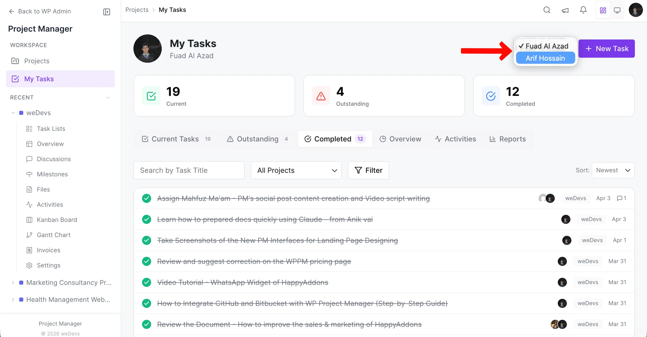 Change users to see their tasks
