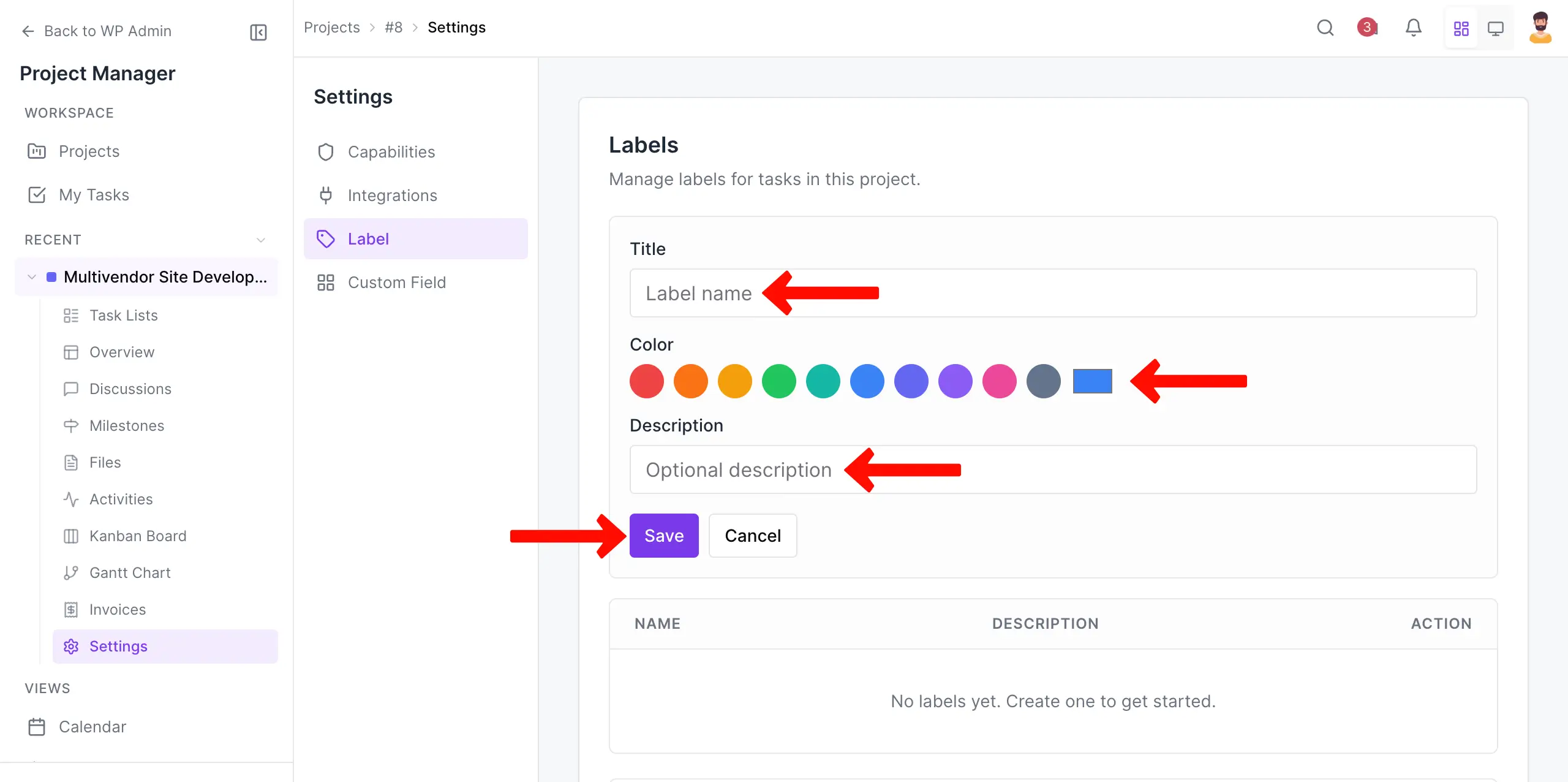 Create labels on WP Project Manager