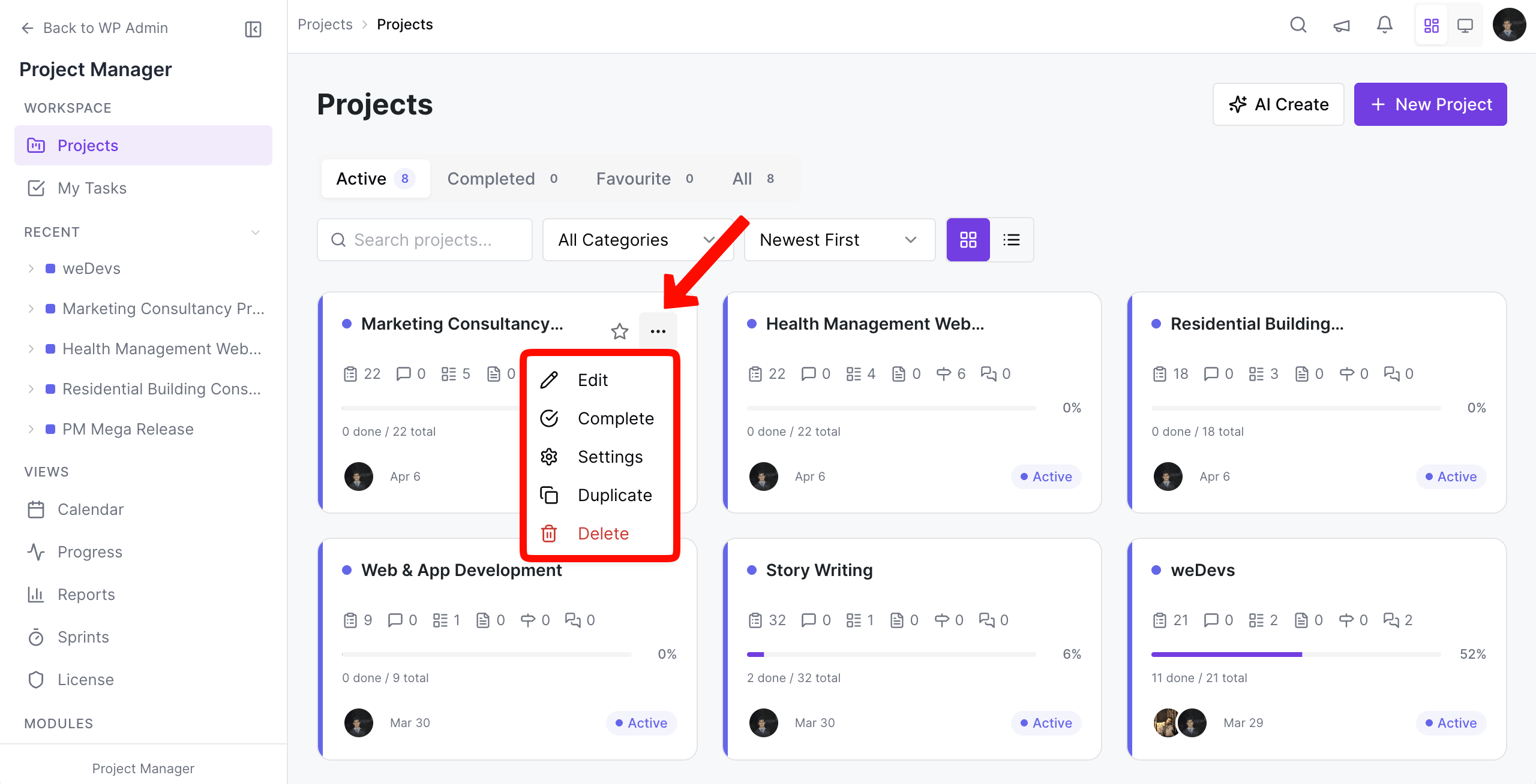 Delete, Complete, or Duplicate a Project