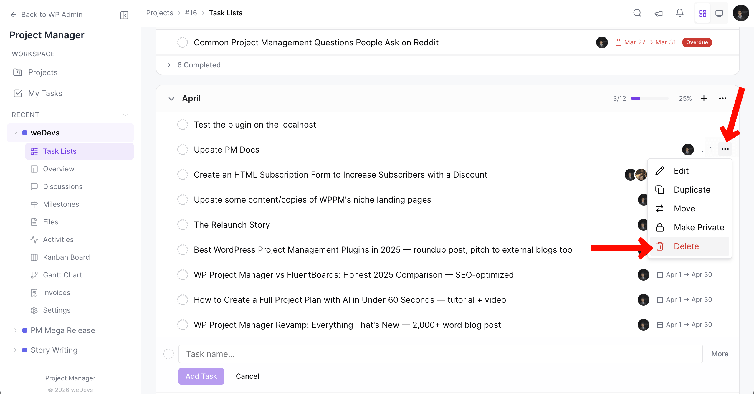 Delete a task in WP Project Manager