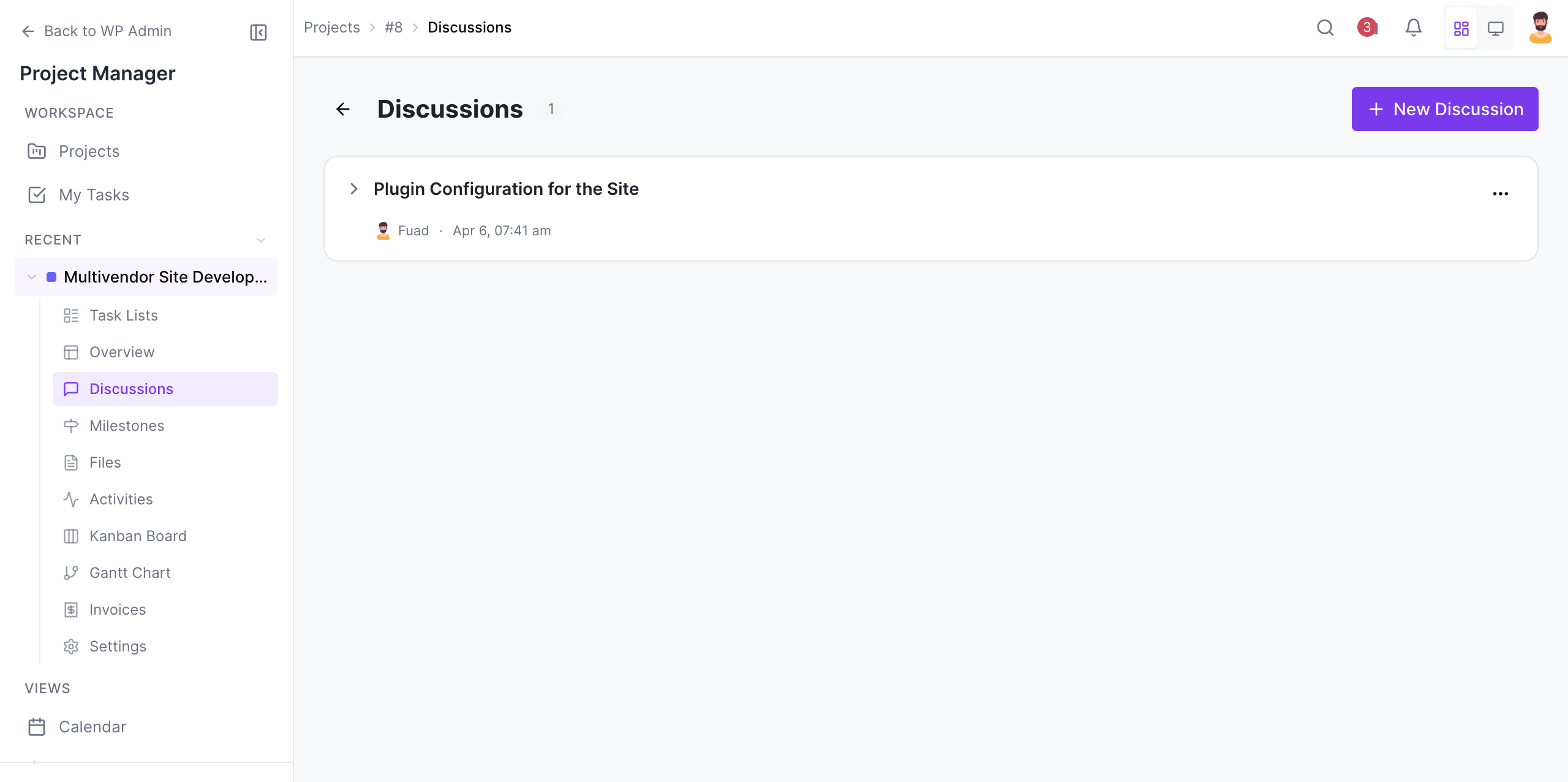 Discussion created in WP Project Manager