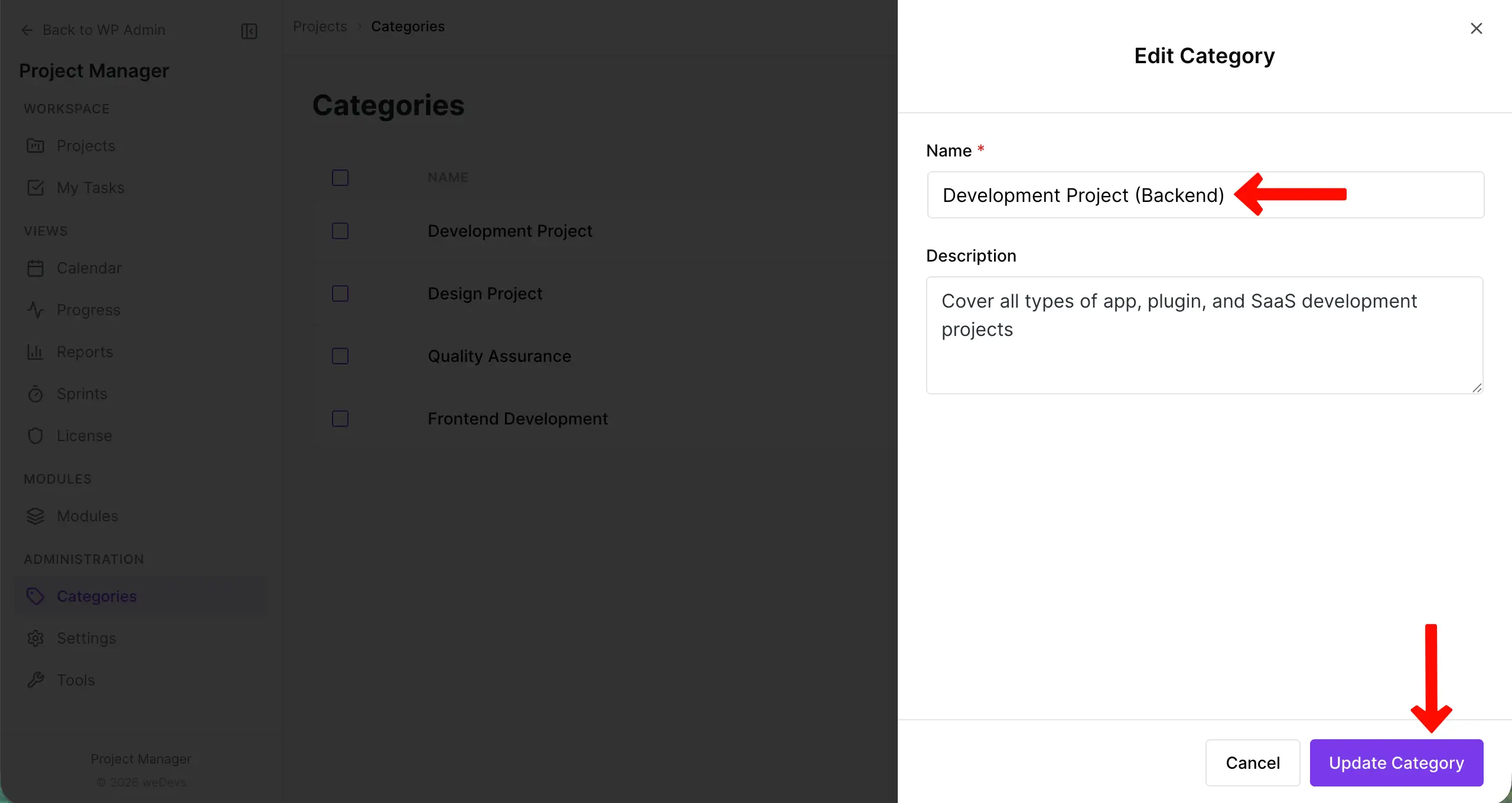 Edit the name and description of the project