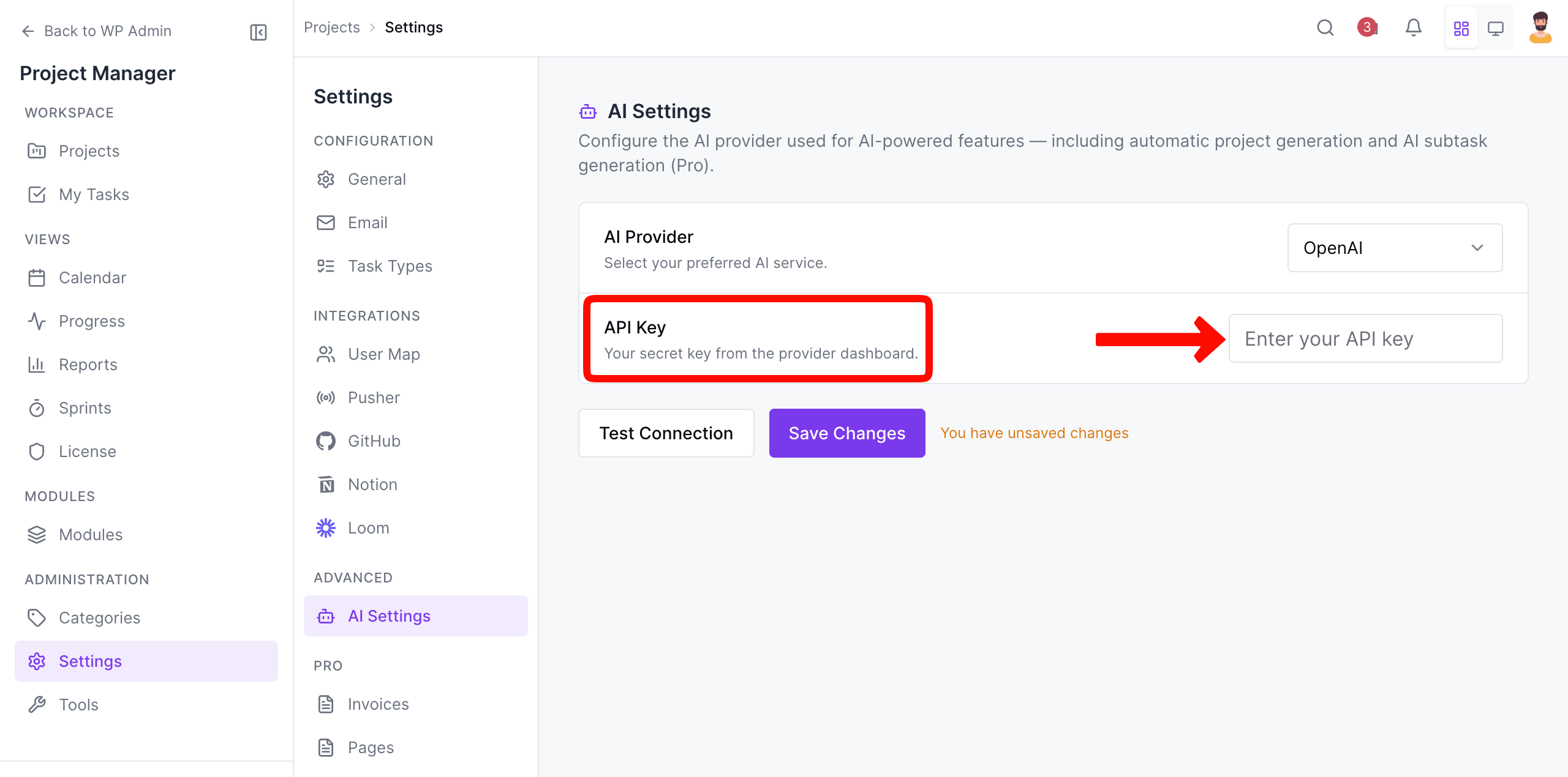 Enter API Key to configure to your WP Project Manager