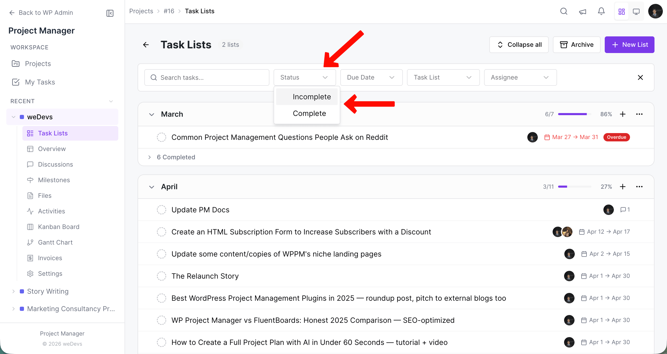 Filter tasks by completed and incomplete status