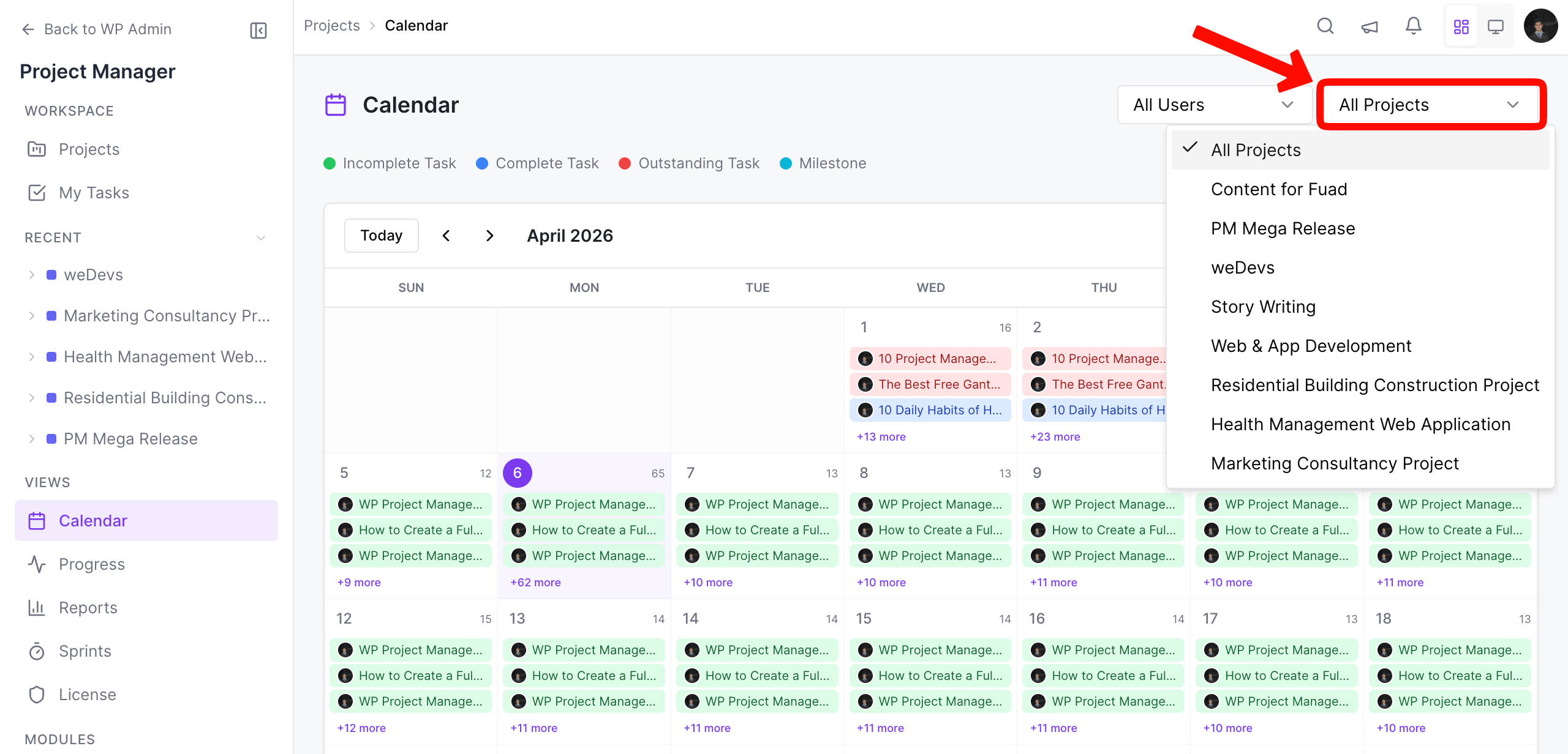 Filter calendar by projects