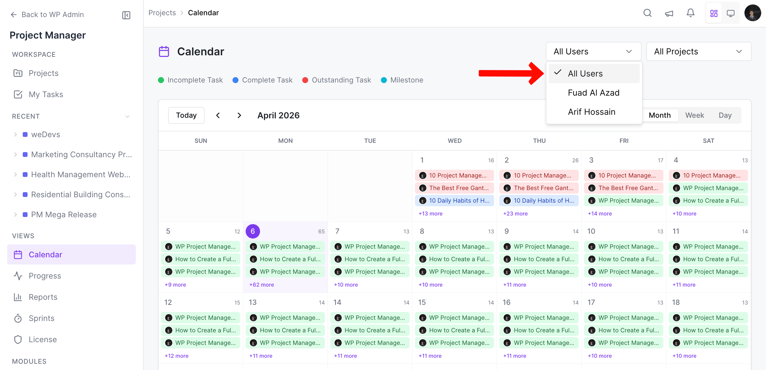 Filter calendar by team members