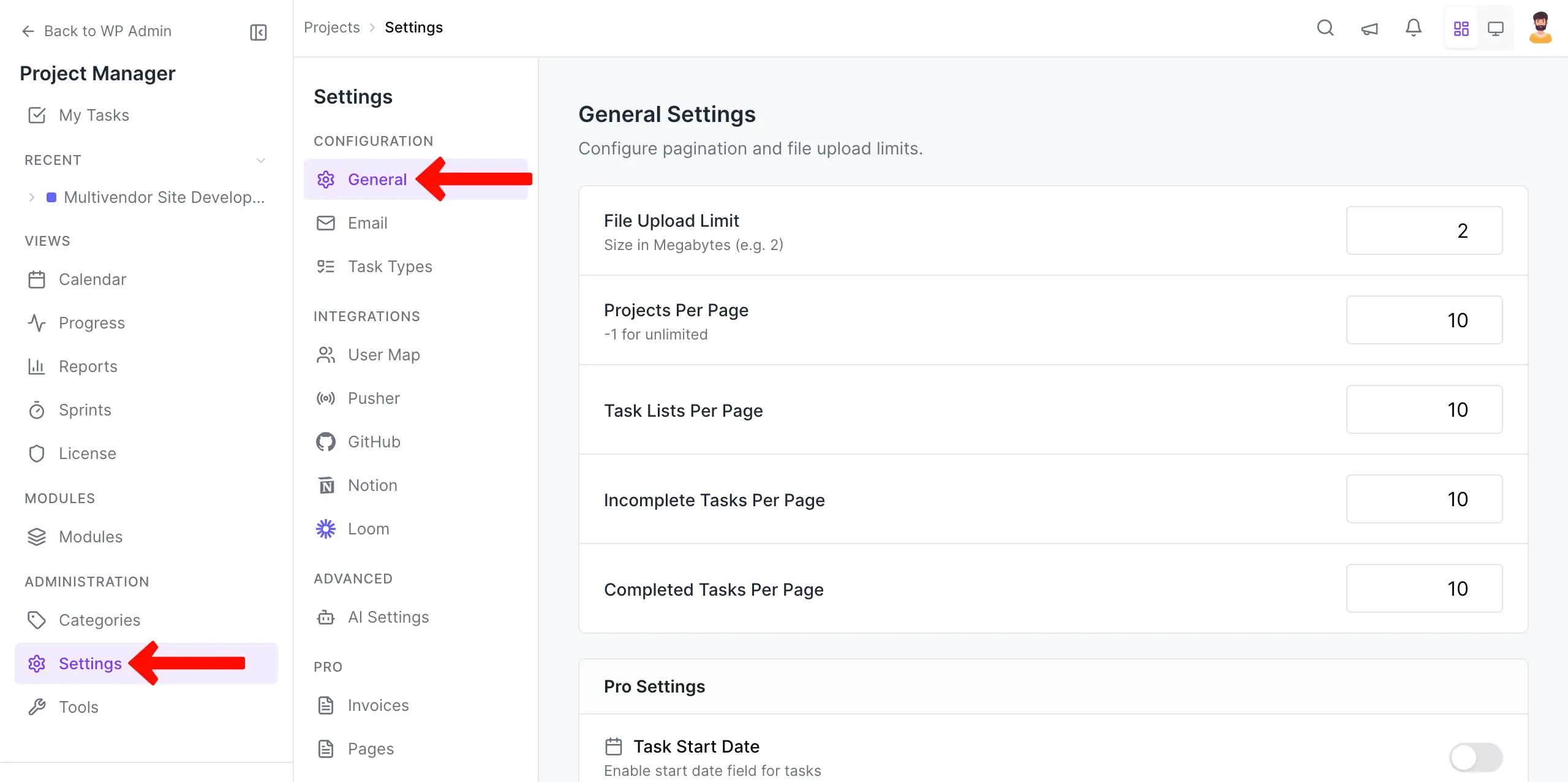 General settings of Project Manager
