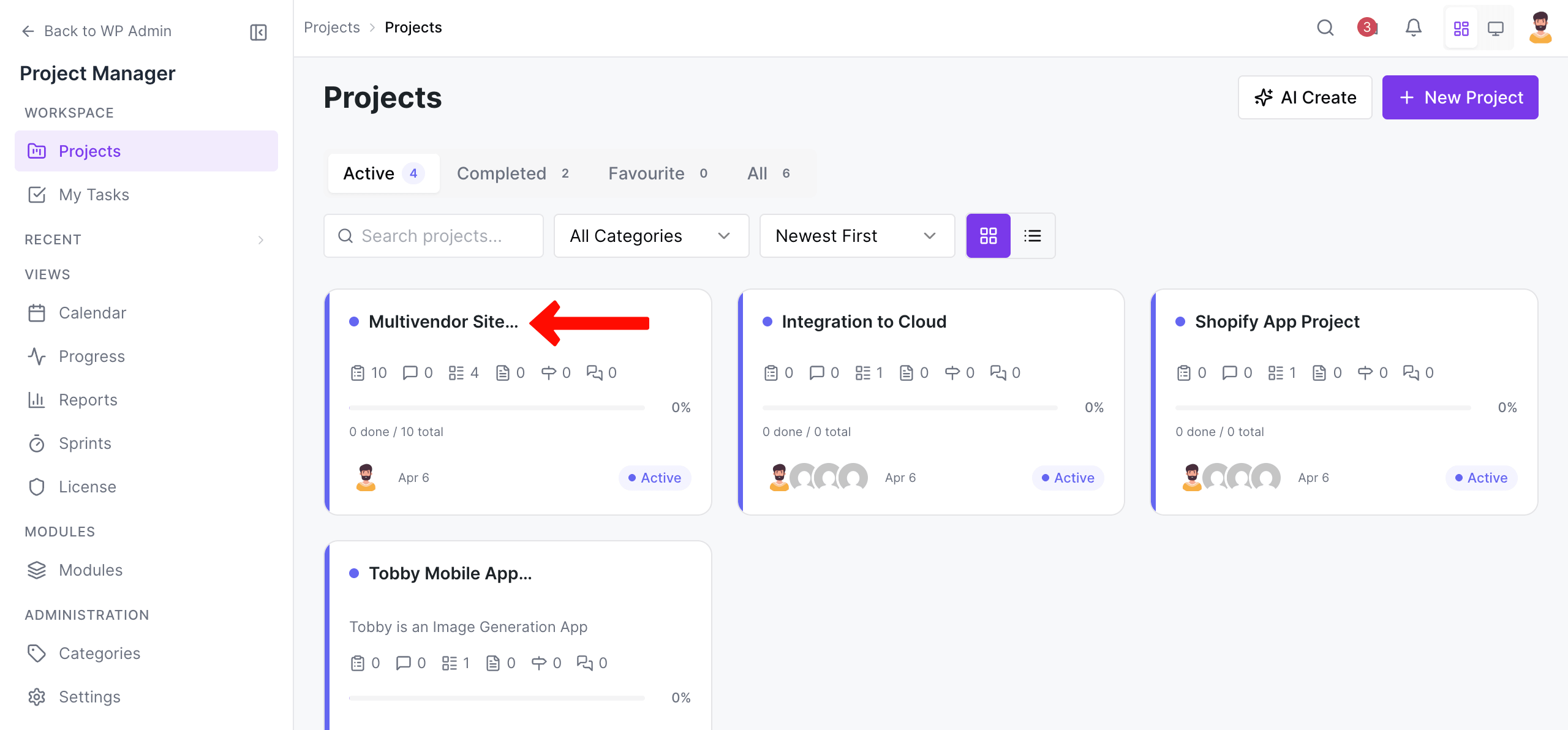 Select a project in WP Project Manager