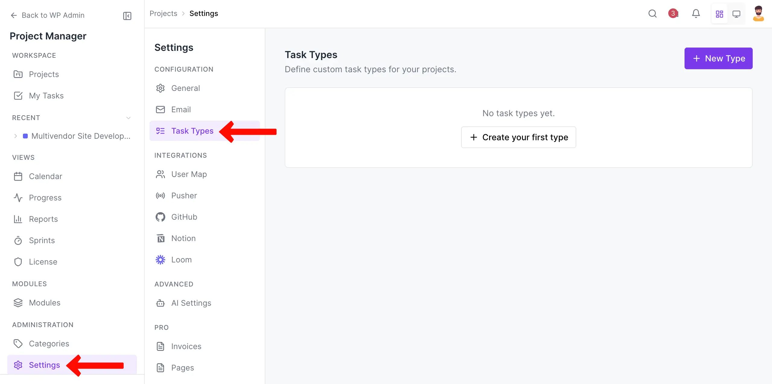 Go to task type of WP Project Manager