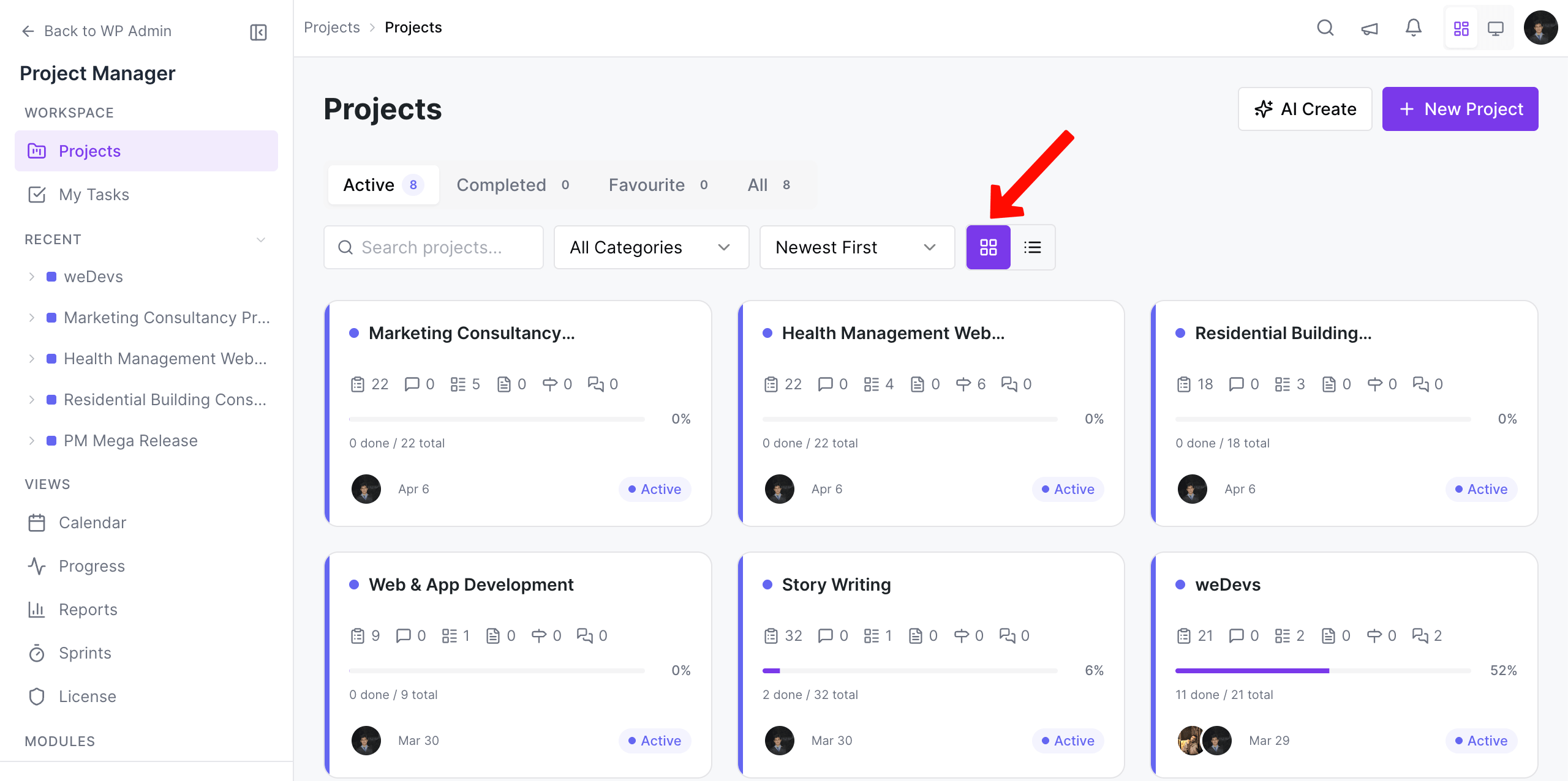WP Project Manager new interface