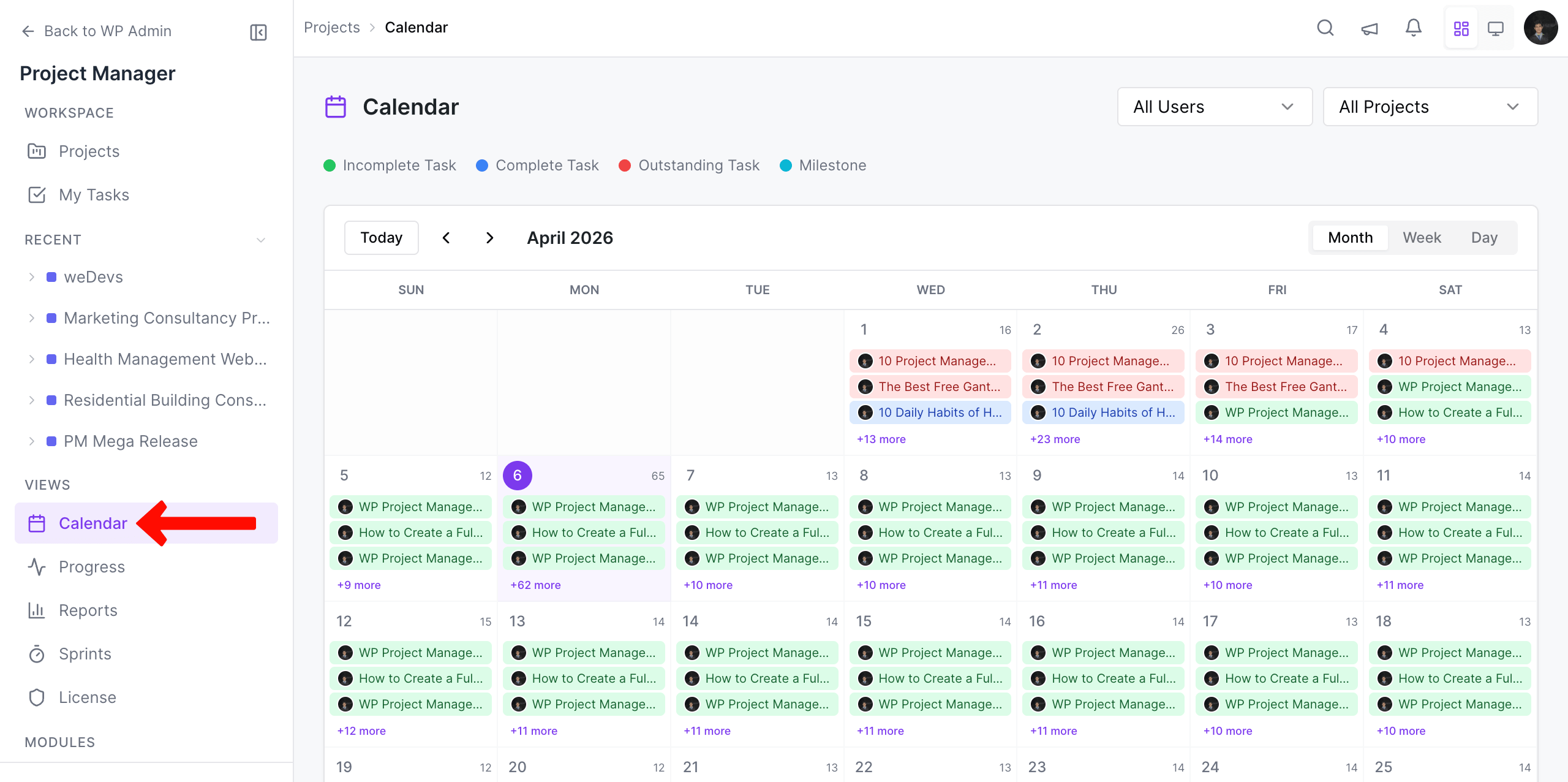 How to view calendar in WP Project Manager