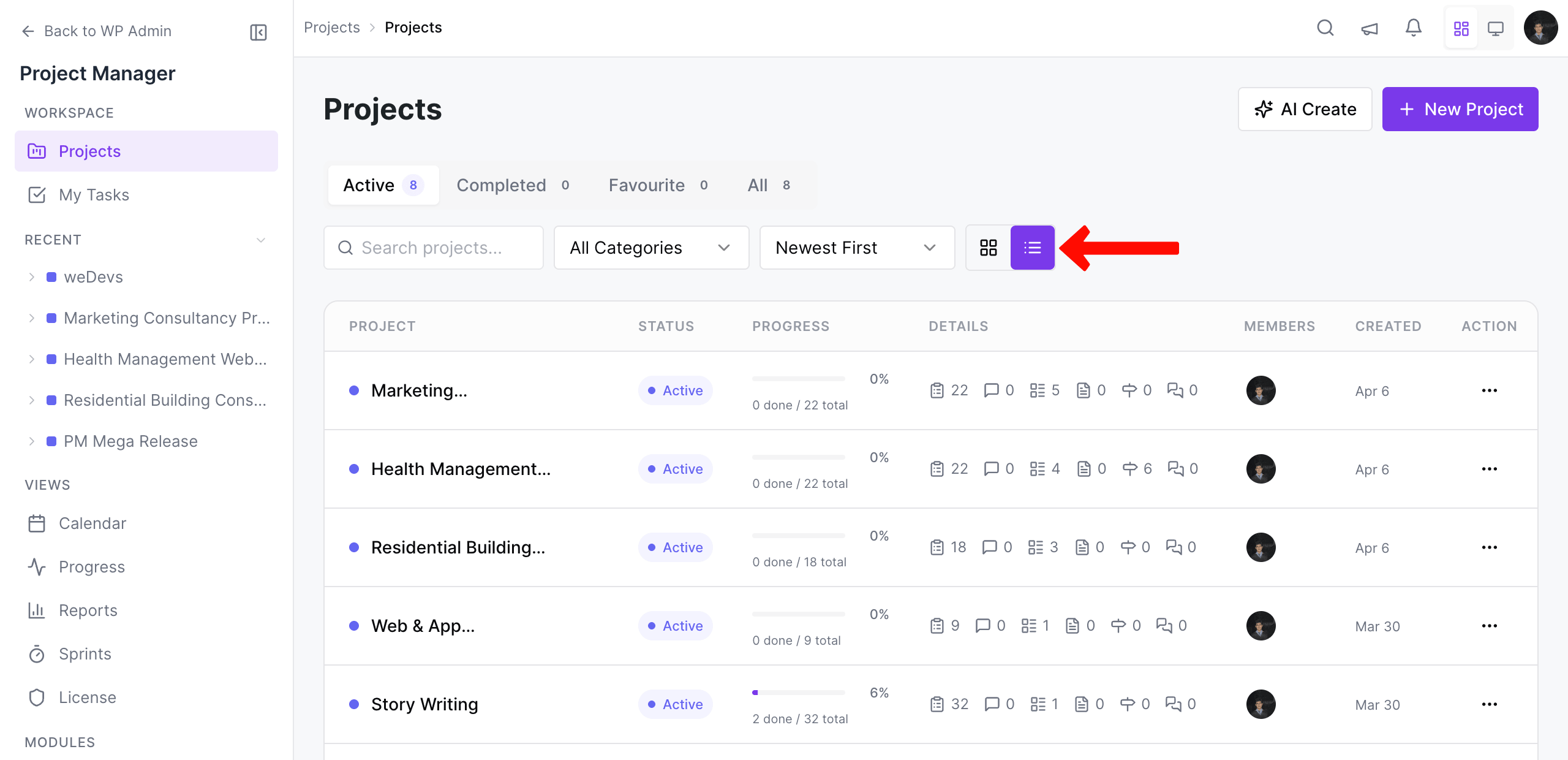 List view of projects in WP Project Manager